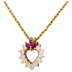 14K Gold Diamond Ruby Heart Pendant Necklace