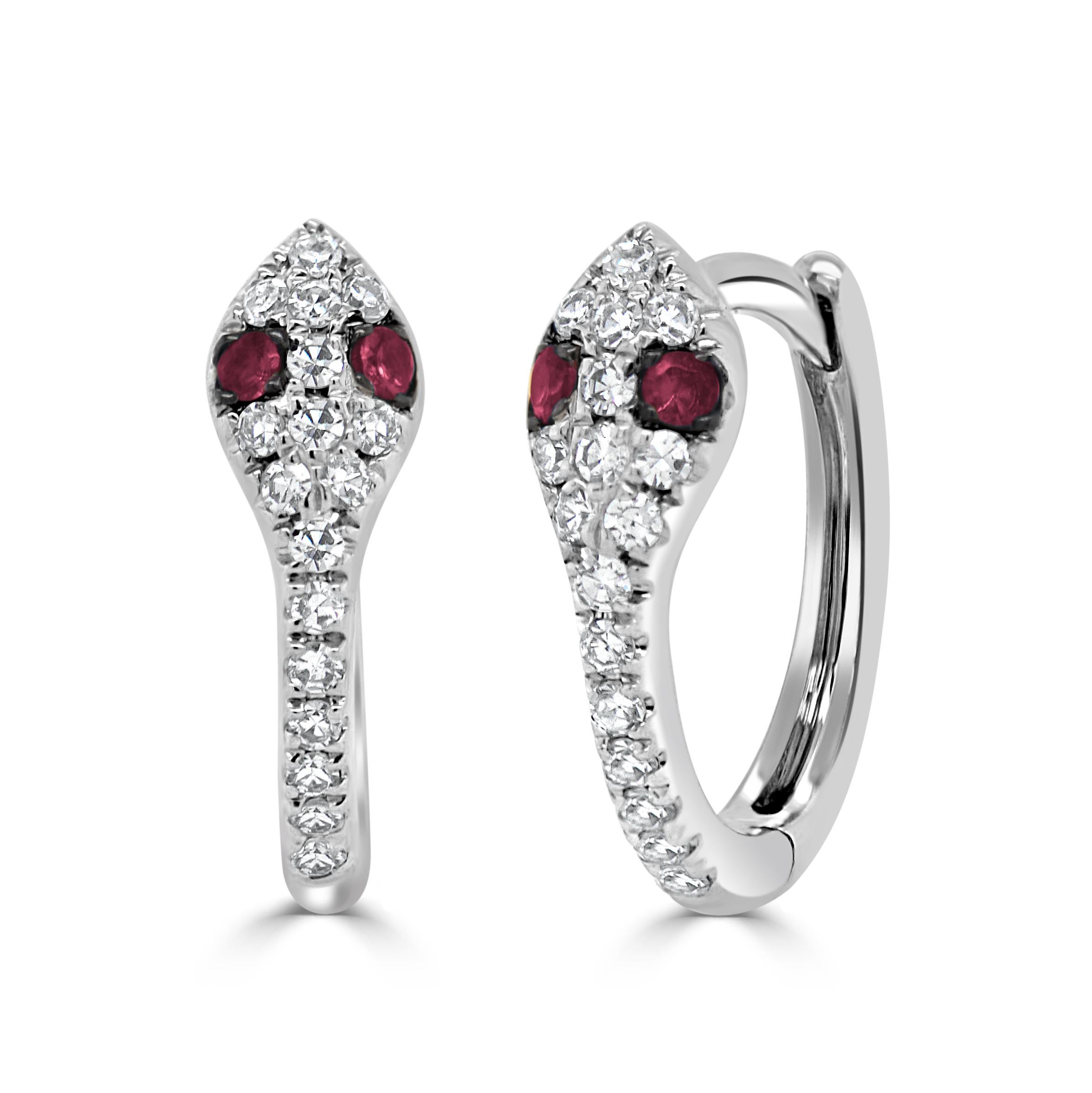 These are a Gorgeous pair of stylish yet classic diamond & ruby Snake Huggie earrings. Wear every day or to a fun night out. Makes the perfect gift. These huggies measure 1/2
