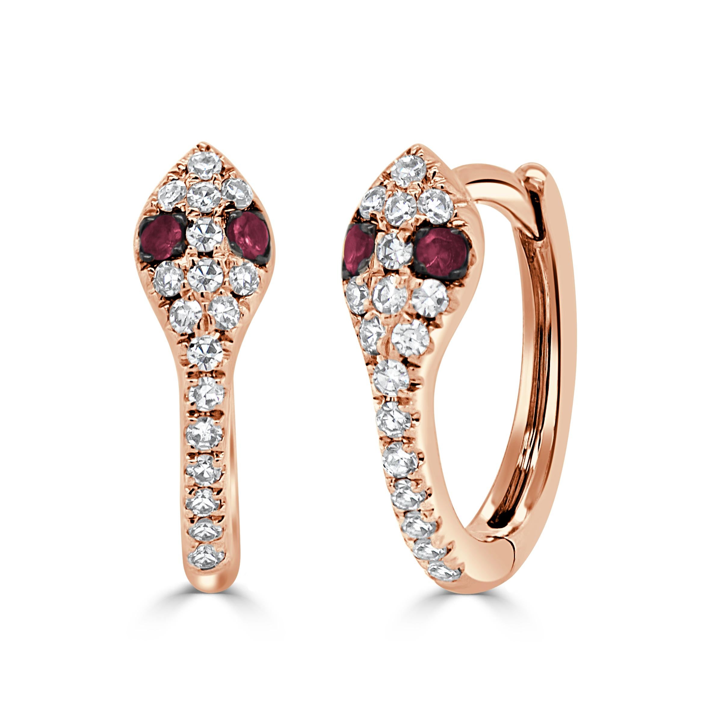Round Cut 14K Gold Diamond & Ruby Snake Huggy Earring NEW For Sale