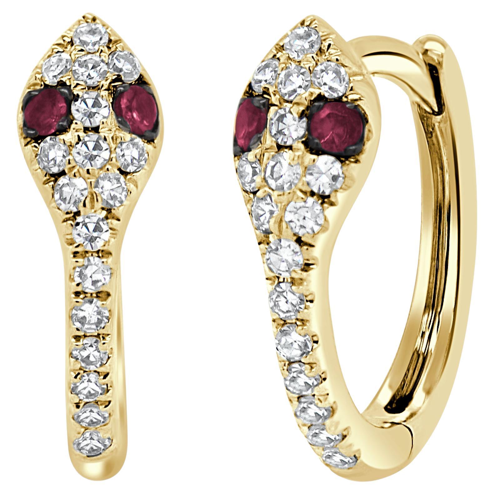 14K Gold Diamond & Ruby Snake Huggy Earring NEW For Sale