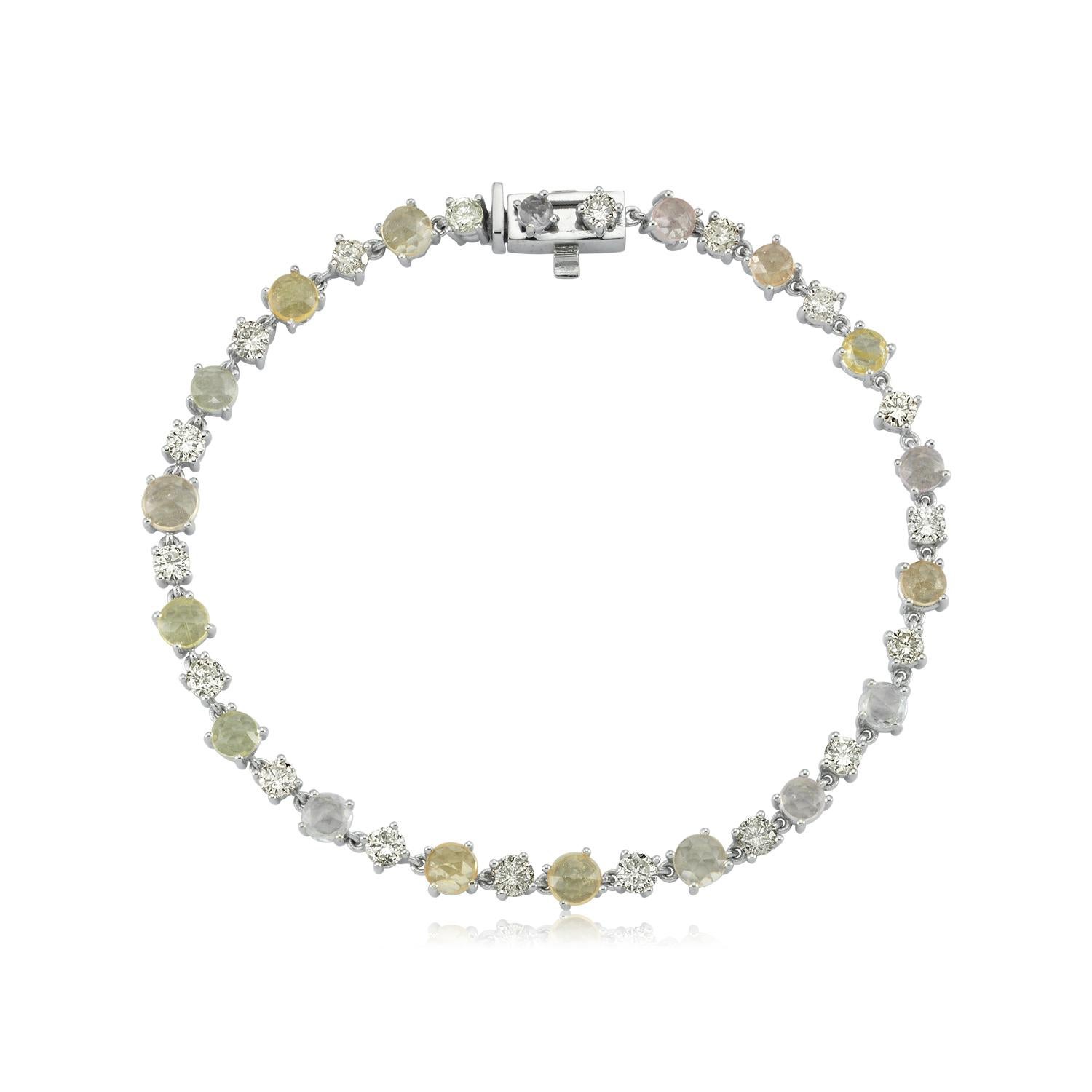 Taille brillant Bracelet tennis en or blanc 14 carats avec  Diamant et saphir  en vente