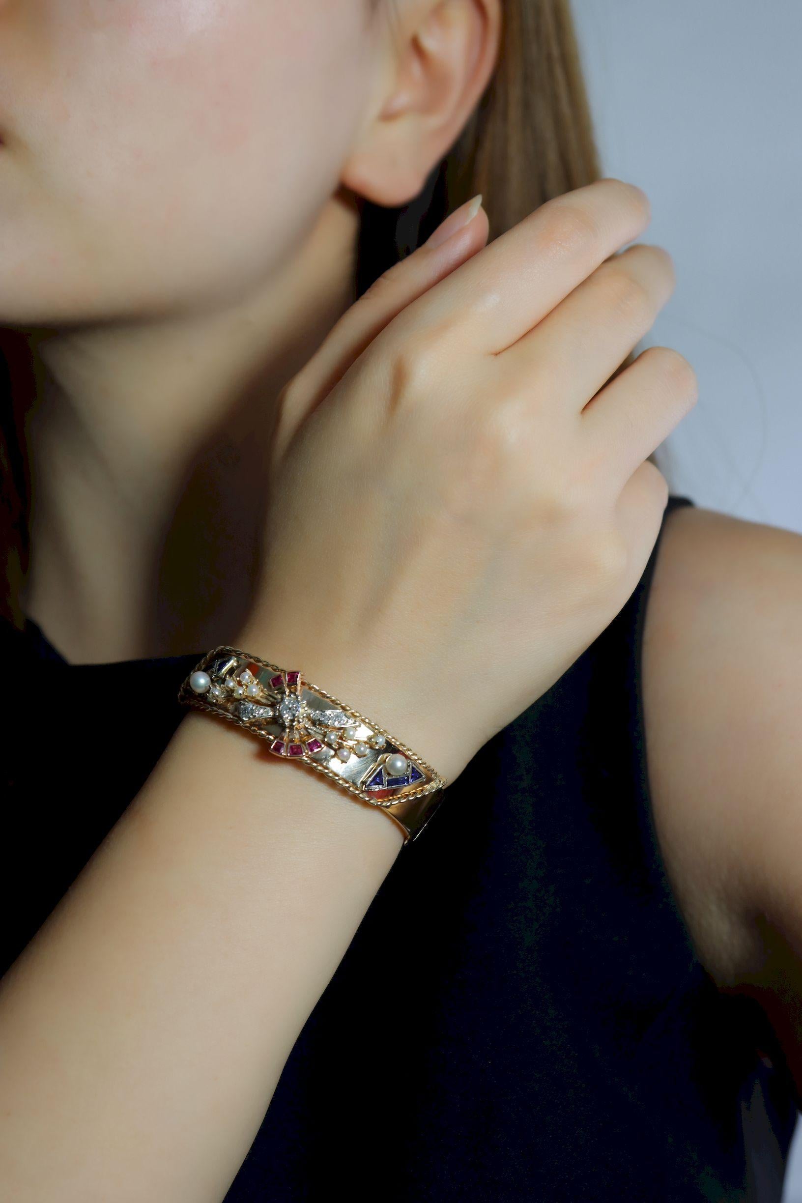 Bracelet en or 14K diamant saphir perle en vente 10