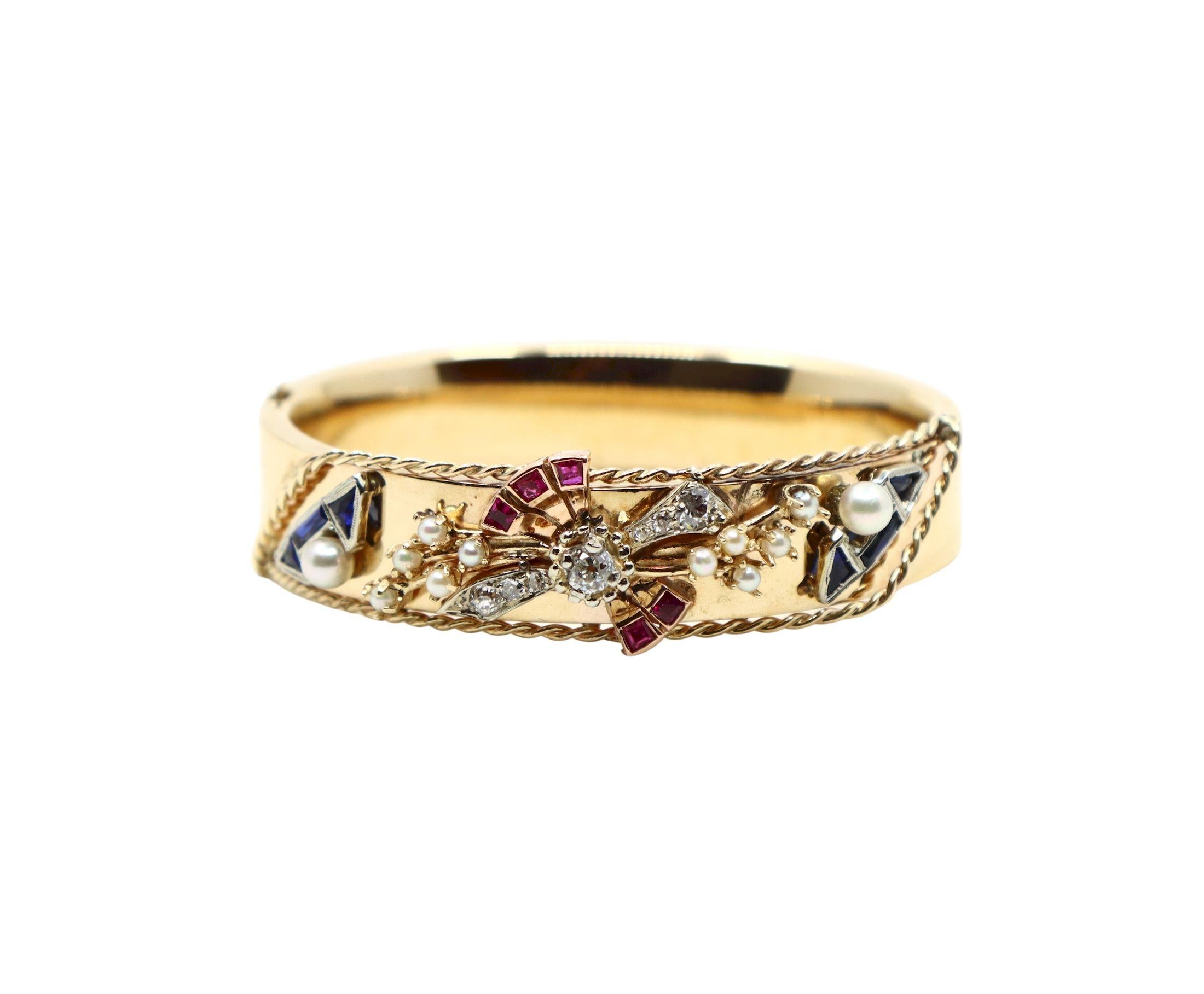 Taille brillant Bracelet en or 14K diamant saphir perle en vente