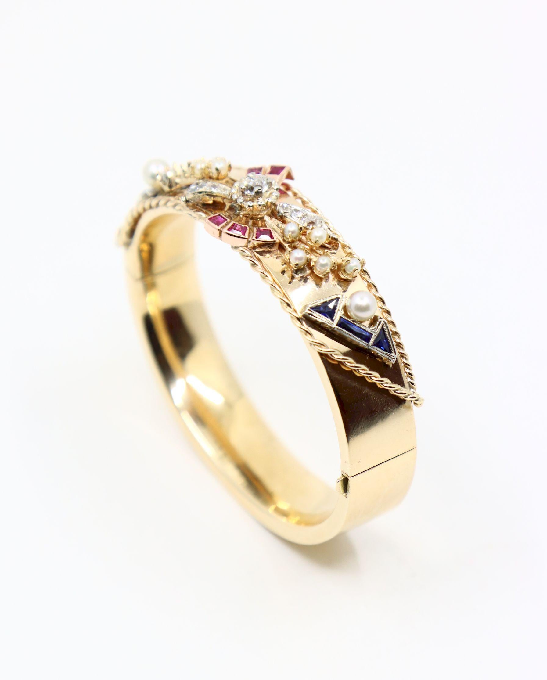 Bracelet en or 14K diamant saphir perle Pour femmes en vente