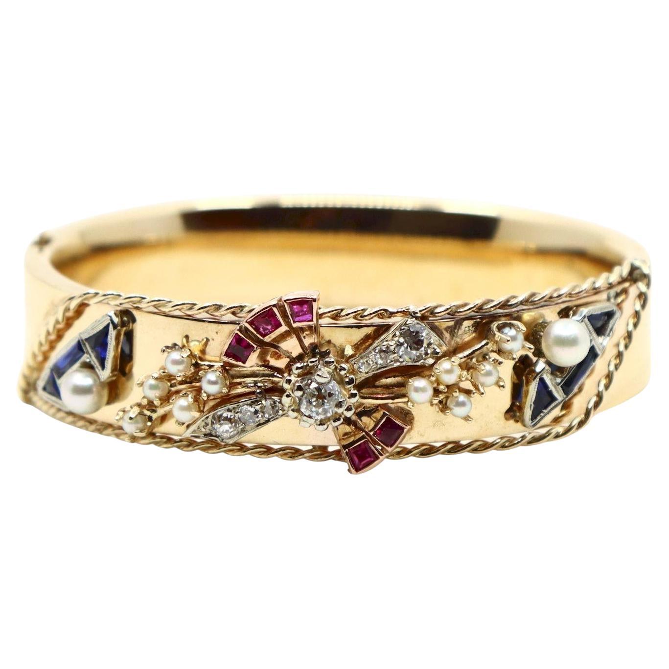 Bracelet en or 14K diamant saphir perle en vente