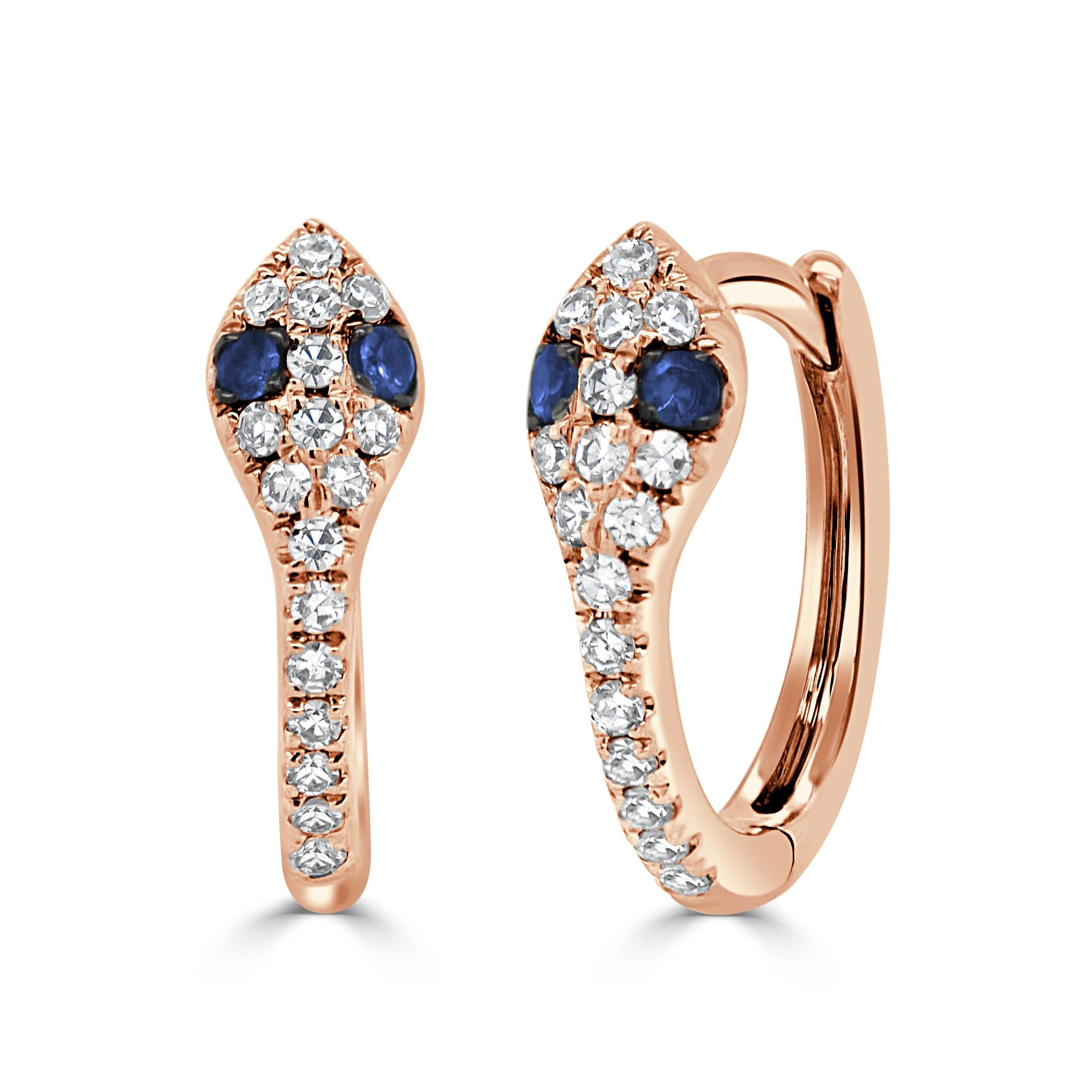 Round Cut 14K Gold Diamond & Sapphire Snake Huggy Earring NEW For Sale