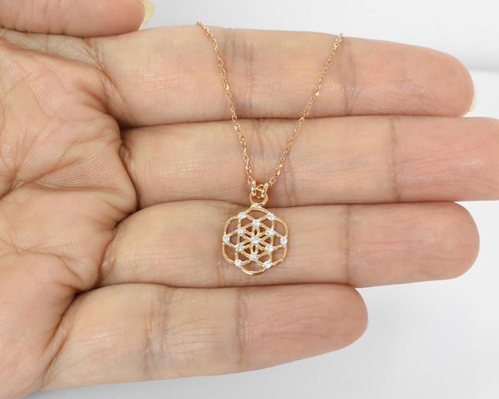 Modern 14k Gold Diamond Seed of Life Necklace Flower of Life Necklace For Sale