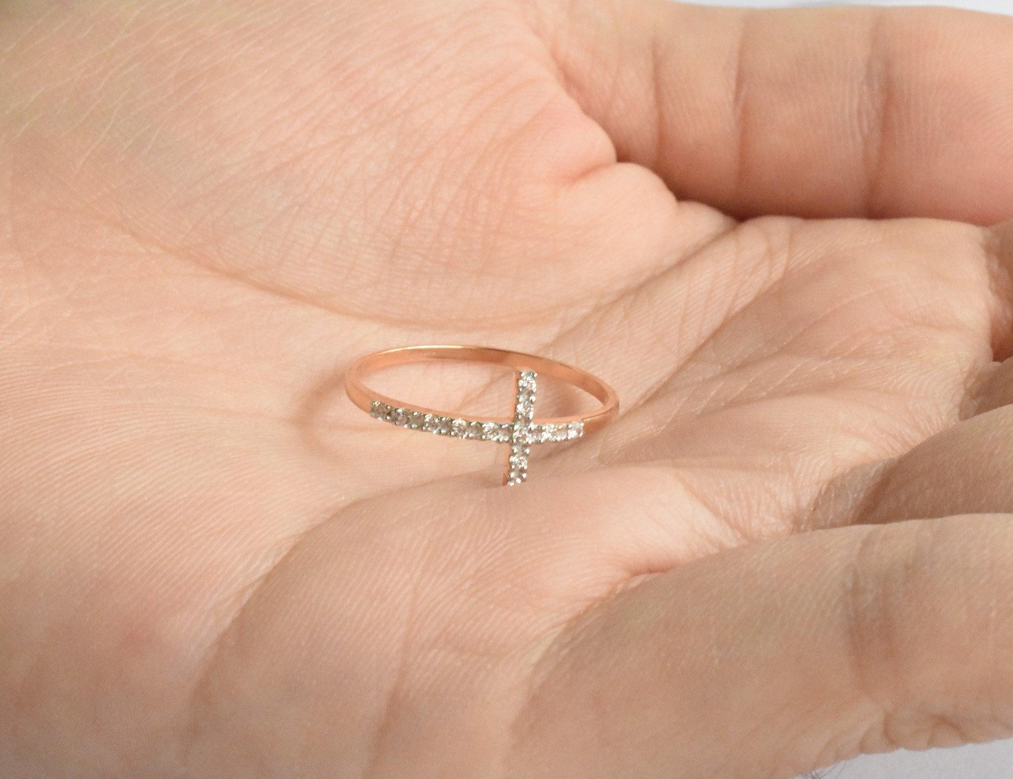 For Sale:  14k Gold Diamond Sideways Cross Ring Diamond Wedding Band 8