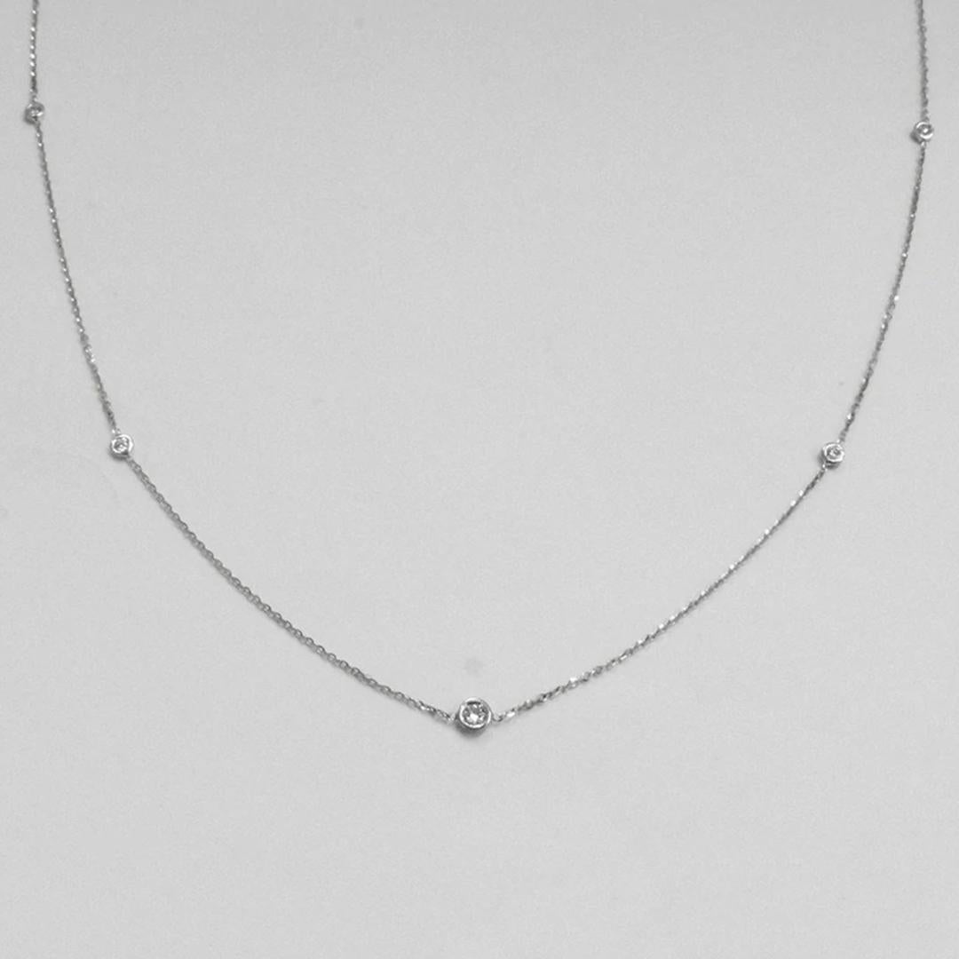 Modern 14k Gold Diamond Solitaire Necklace Diamond Station Necklace For Sale