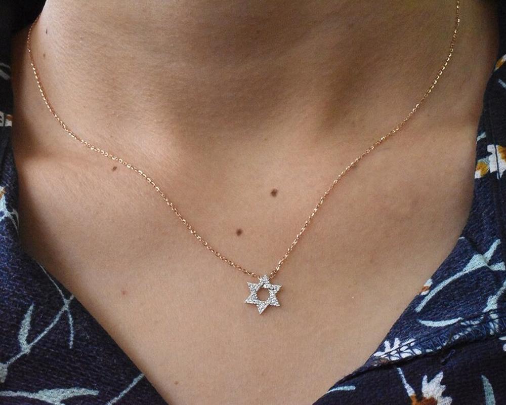 Women's or Men's 14k Gold Diamond Star Charm Necklace Pave Diamond Star Necklace For Sale