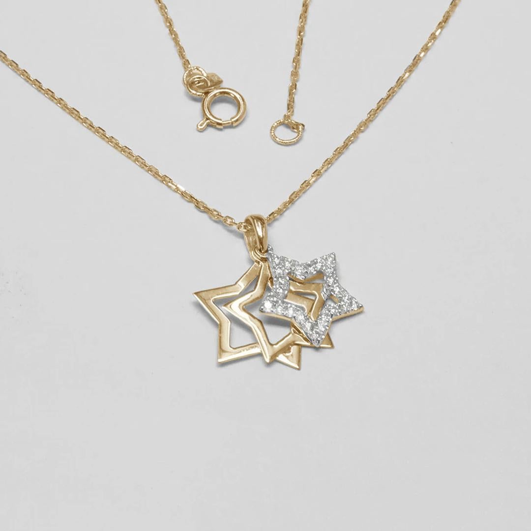 Taille ronde Collier étoile de David en or 14 carats avec collier de diamants en vente