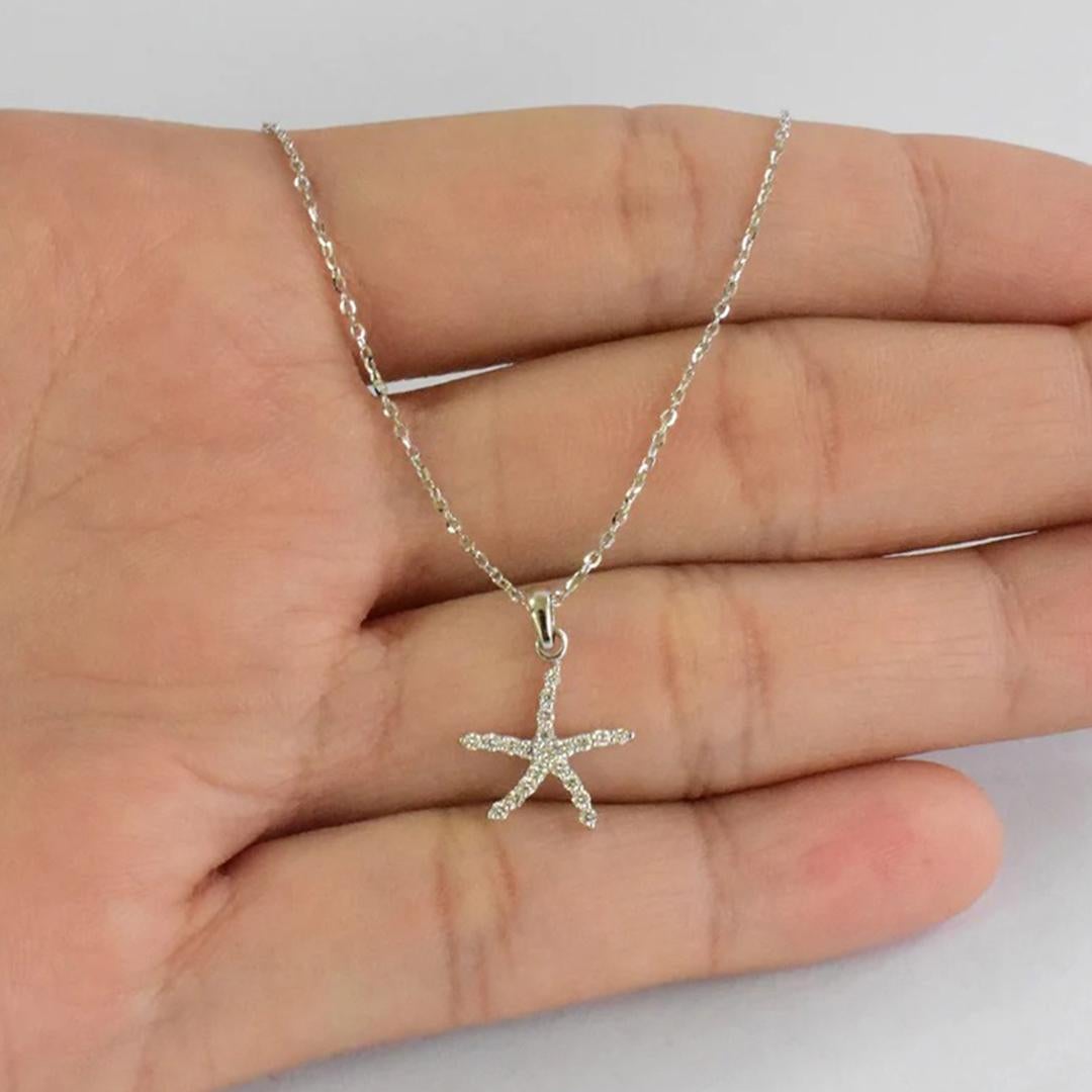 Modern 14k Gold Diamond Starfish Necklace Nautical Starfish Charm Pendant For Sale