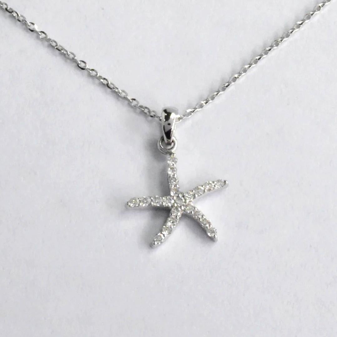 Round Cut 14k Gold Diamond Starfish Necklace Nautical Starfish Charm Pendant For Sale