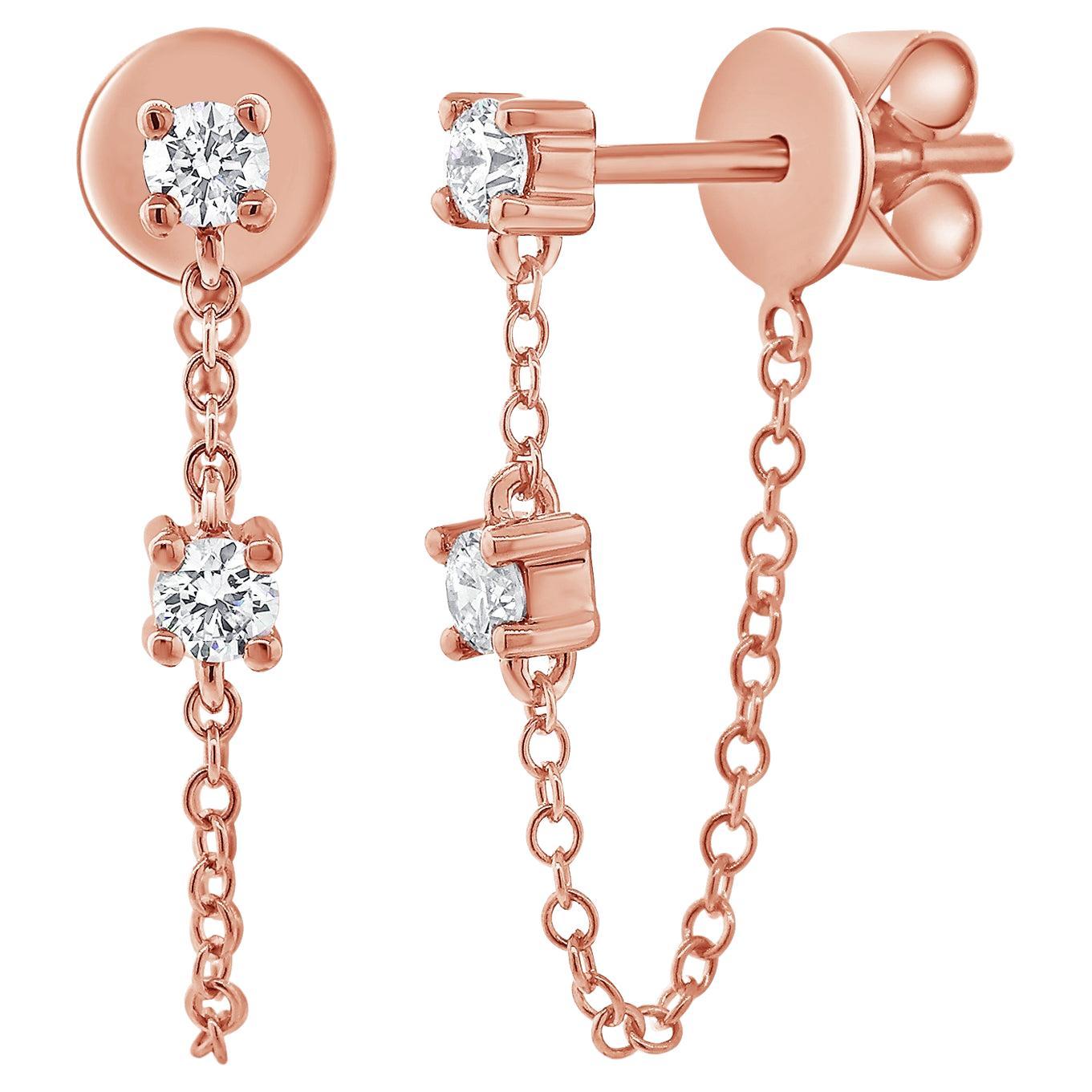 14k Gold & Diamond Stud Chain Earrings For Sale