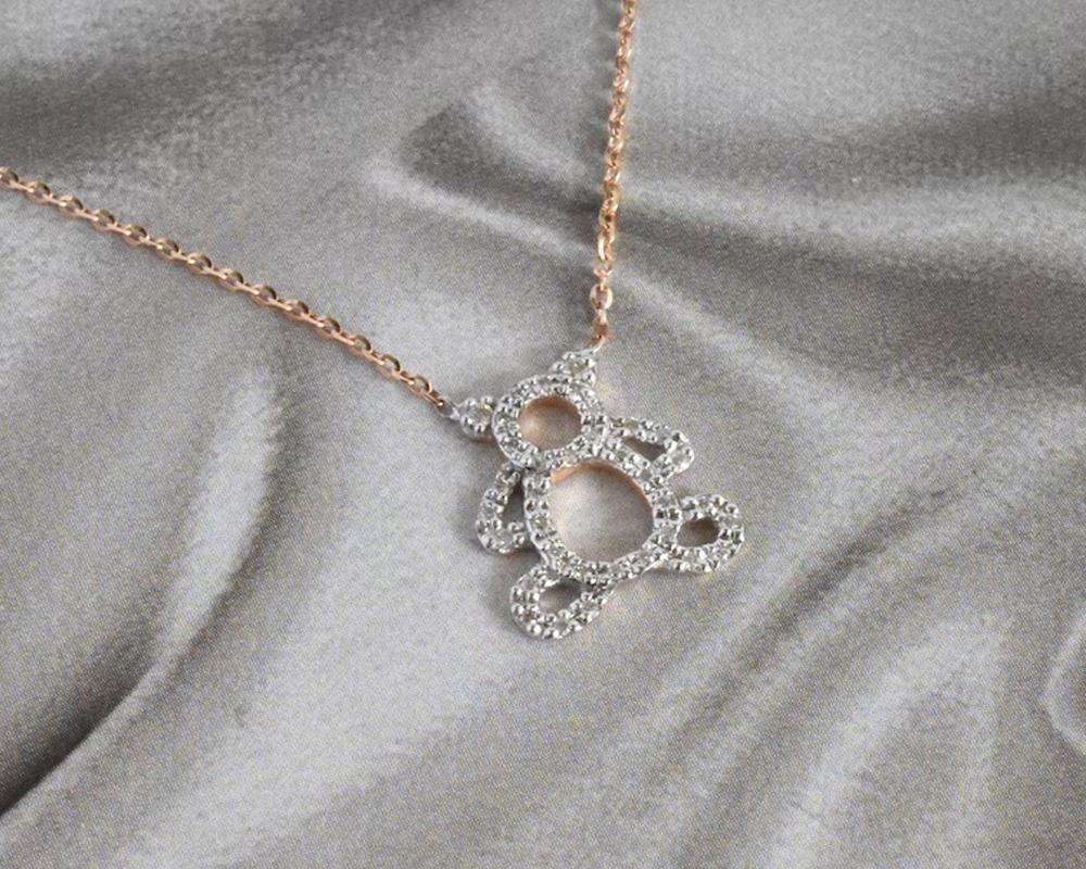 Modern 14k Gold Diamond Teddy Bear Charm Necklace For Sale