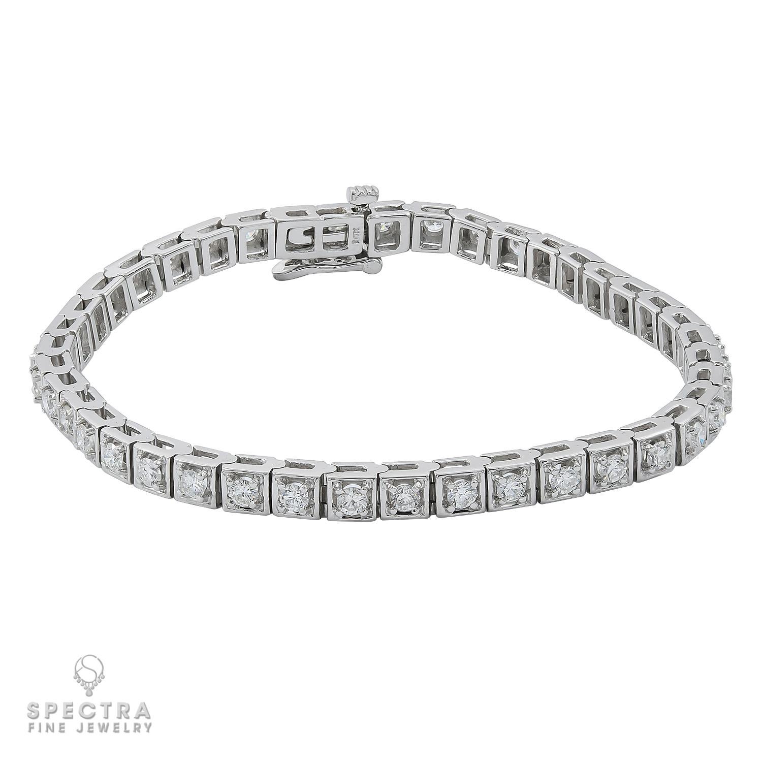 A tennis bracelet comprising of 41 diamonds weighing a total of 3.28 carats (0.08 carat each). 
The diamonds are natural, most with G-H color, VS-SI clarity.
The bracelet is 7 inches long.
Metal is 14k white gold; gross weight 16.61 gram.