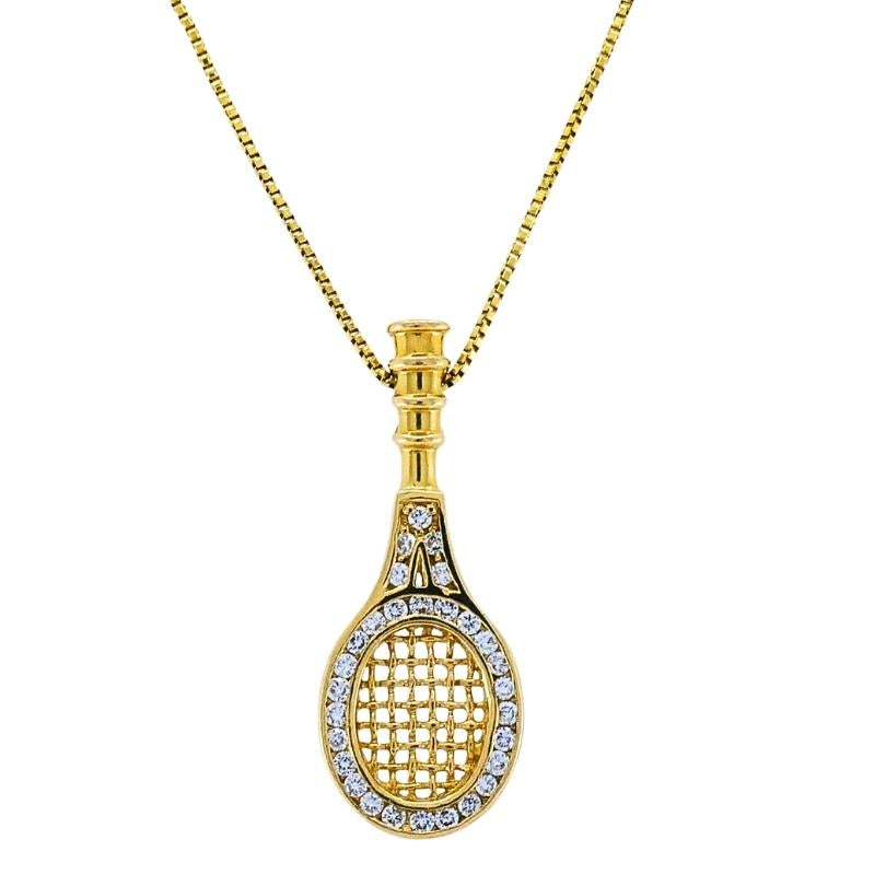 Taglio rotondo Collana con ciondolo a forma di racchetta da tennis con diamante in oro 14k in vendita