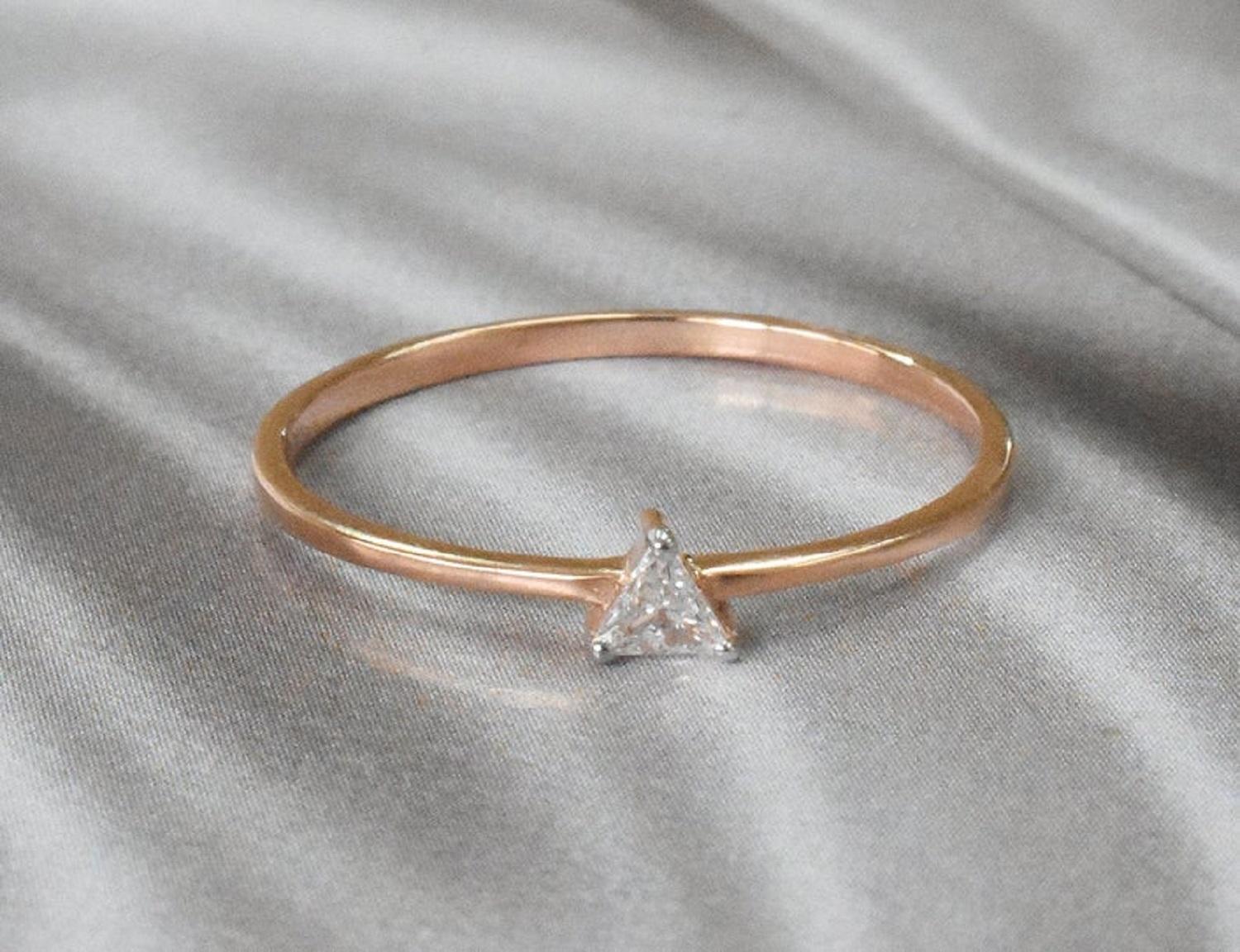 For Sale:  14k Gold Diamond Triangle Solitaire Diamond Triangle Ring 7