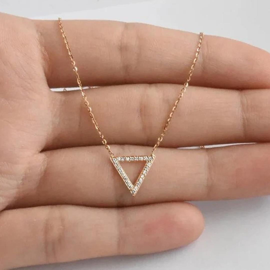 Dainty Diamond Triangle Necklace is made of 14k solid gold available in three colors of gold, White Gold / Rose Gold / Yellow Gold.

Natural genuine round cut diamond, each diamond is hand selected by me to ensure quality and set by a master setter