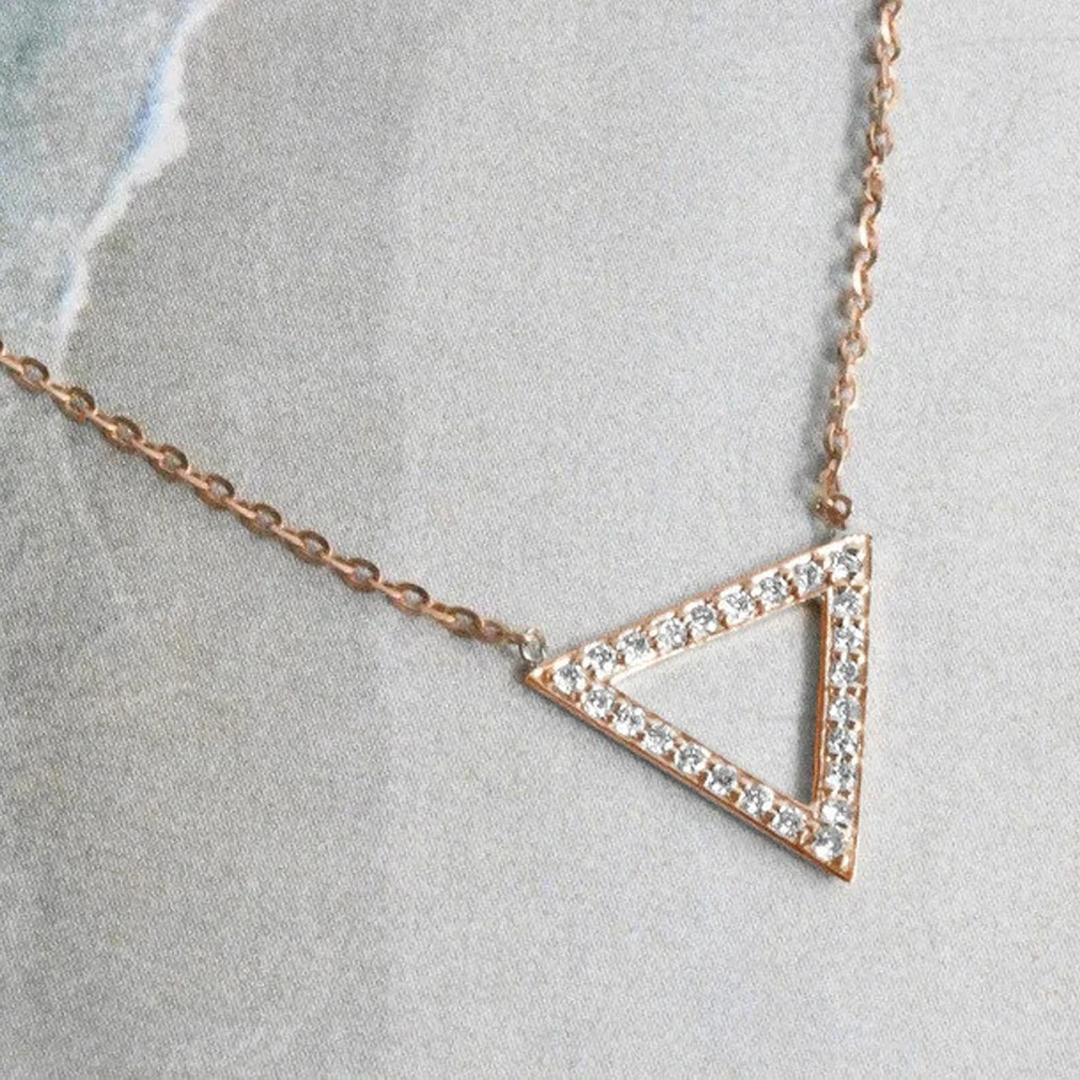 Modern 14k Gold Diamond Triangle Necklace Trillion Diamond Open Triangle Pendant For Sale
