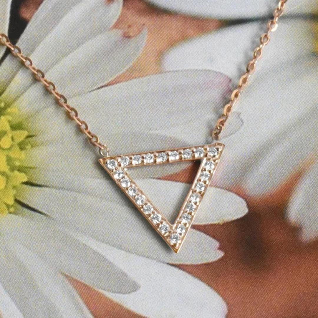 Round Cut 14k Gold Diamond Triangle Necklace Trillion Diamond Open Triangle Pendant For Sale