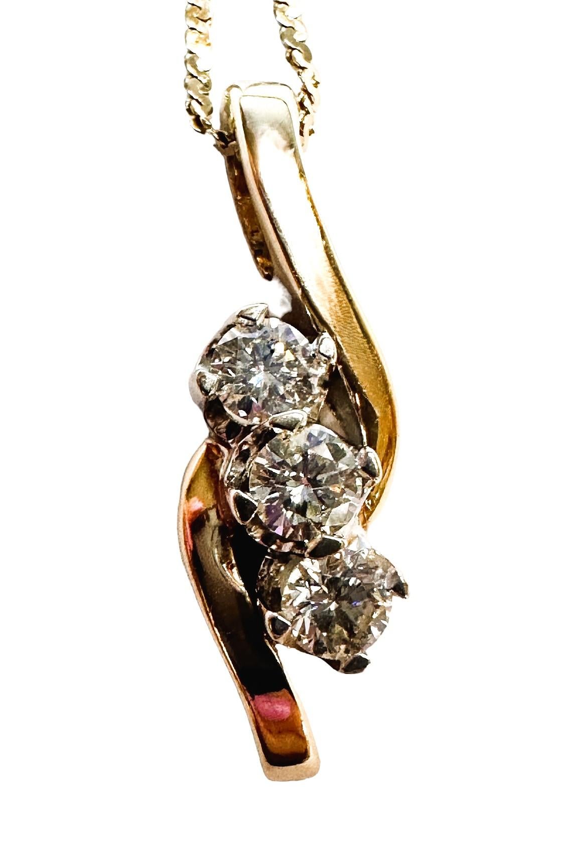 14K Gold .55 Carat Diamond Trio Pendant Necklace w/By-Pass Influences For Sale 2