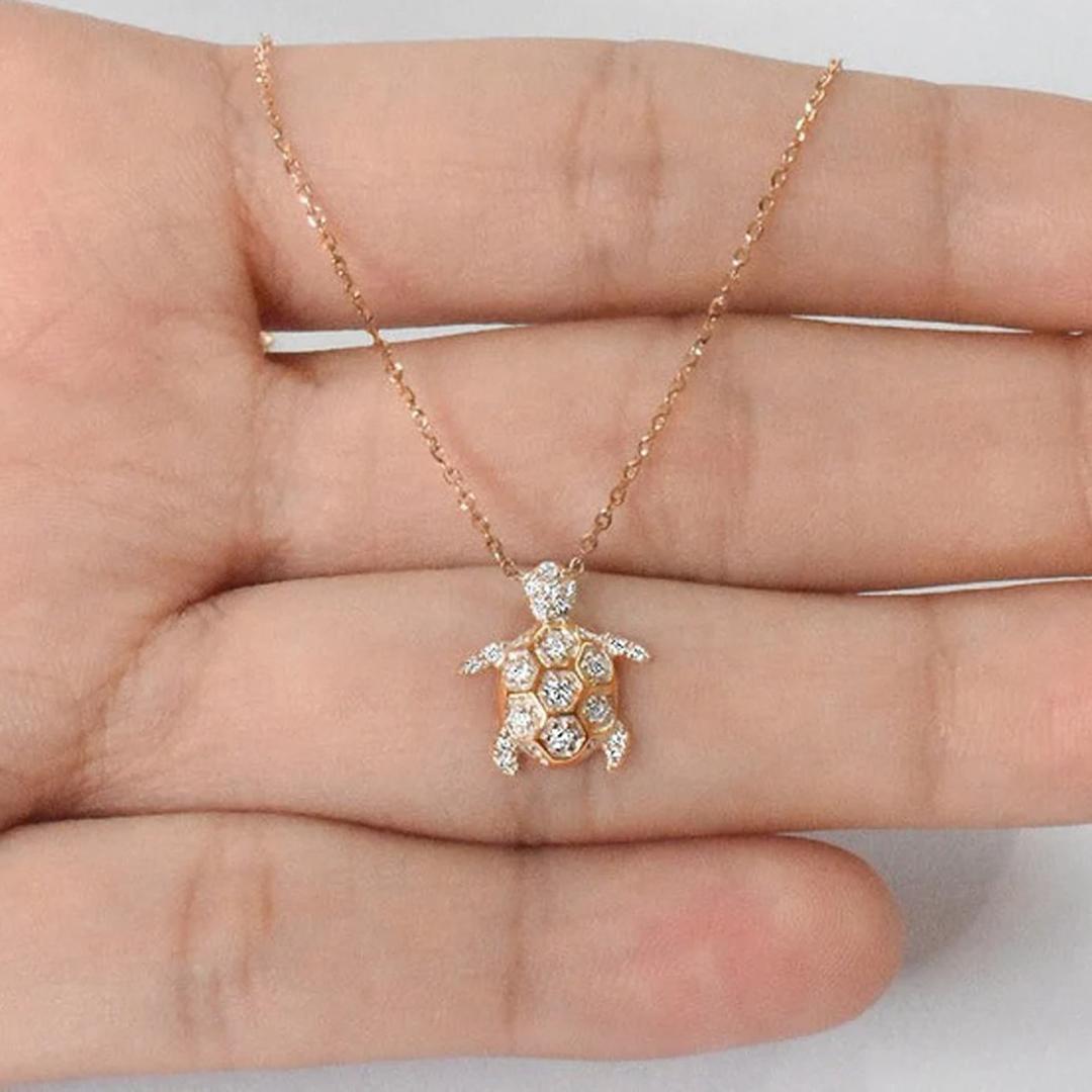 Modern 14K Gold Diamond Turtle Charm Necklace Diamond Tortoise Pendant Necklace For Sale