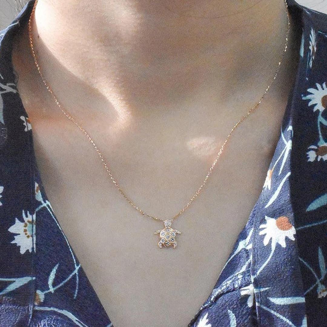 Round Cut 14K Gold Diamond Turtle Charm Necklace Diamond Tortoise Pendant Necklace For Sale
