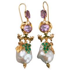 14 Karat Gold Diamonds Amethysts Emeralds and Pearls Italian Earrings