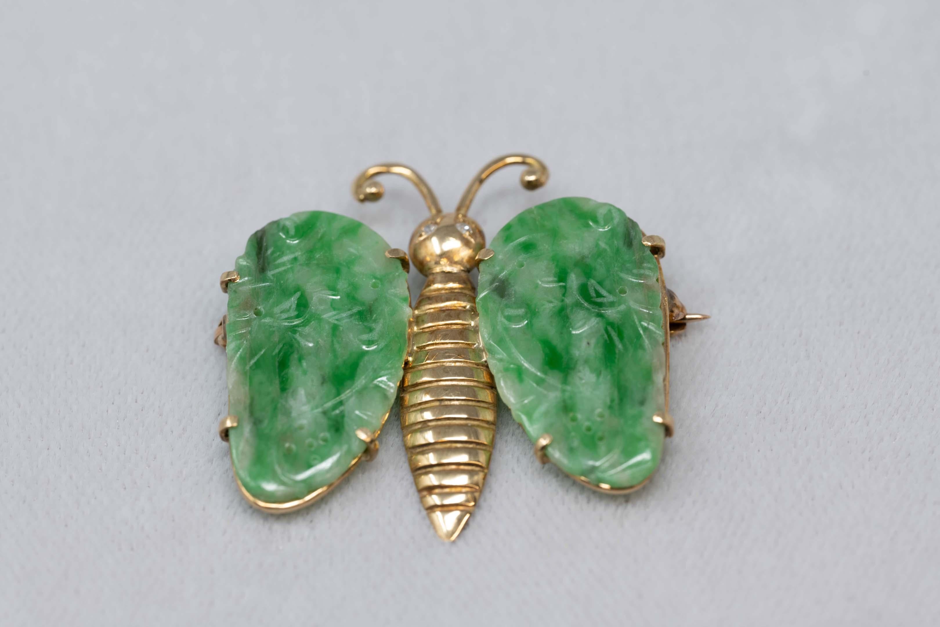 Mixed Cut 14k Gold & Diamonds and Carved Jade Butterfly Brooch For Sale