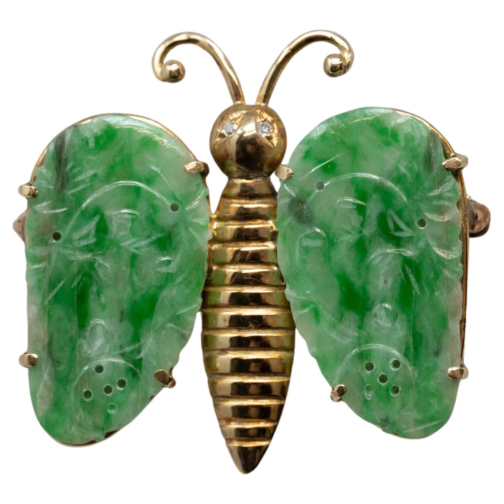 14k Gold & Diamonds and Carved Jade Butterfly Brooch