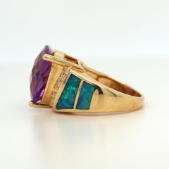 14K Gold Diamonds and Trillion Amethyst Inlay Special Cut Australian Opals Ring