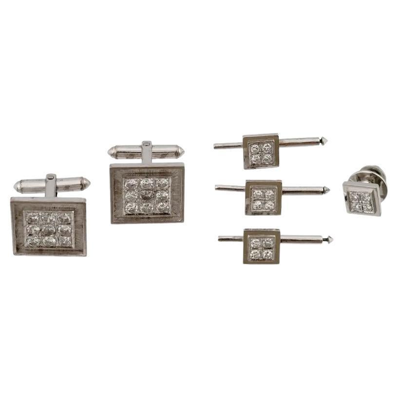 14K Gold Diamonds Cufflinks Stud Set With Tie Pin For Sale