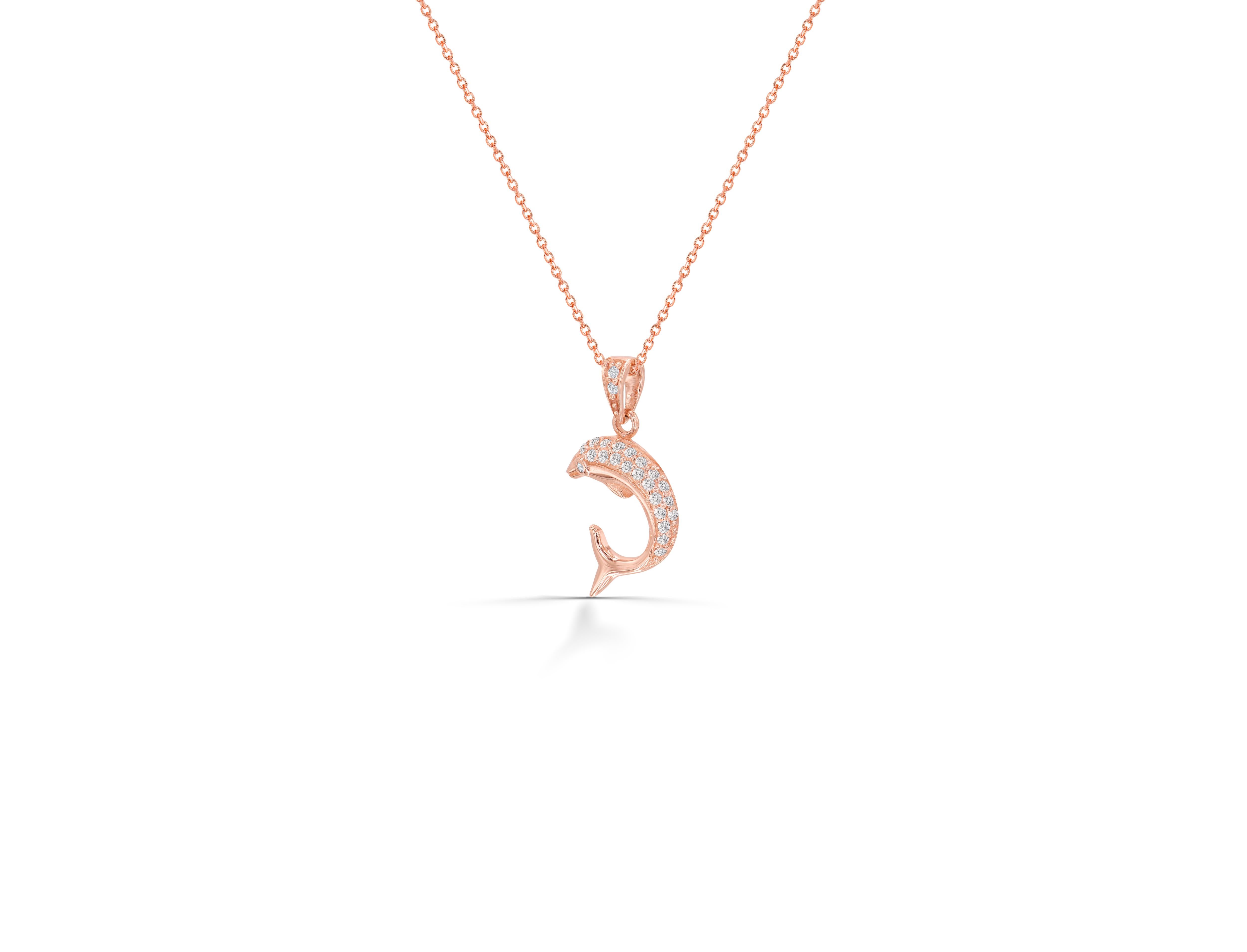 Die zarte Delphin-Charm-Halskette mit einem natürlichen Diamanten ist aus massivem 14-karätigem Gold gefertigt.
Erhältlich in drei Goldfarben:  Weißgold / Rose  Gold / Gelbgold.

Leichter und wunderschöner echter Diamant im Rundschliff. Jeder