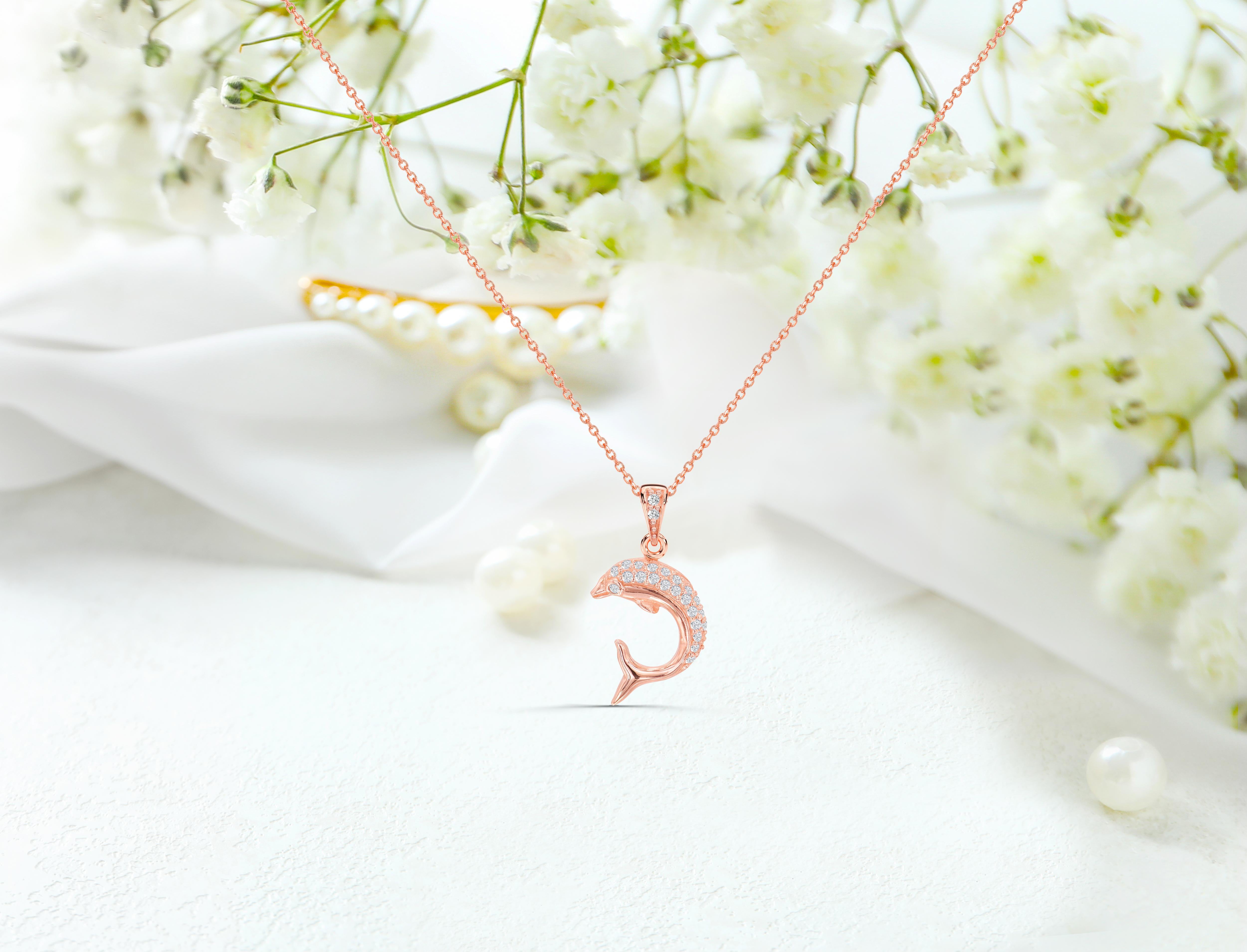 14k Gold Dolphin Necklace Nautical Marine Beach Dolphin Pendant For Sale 3