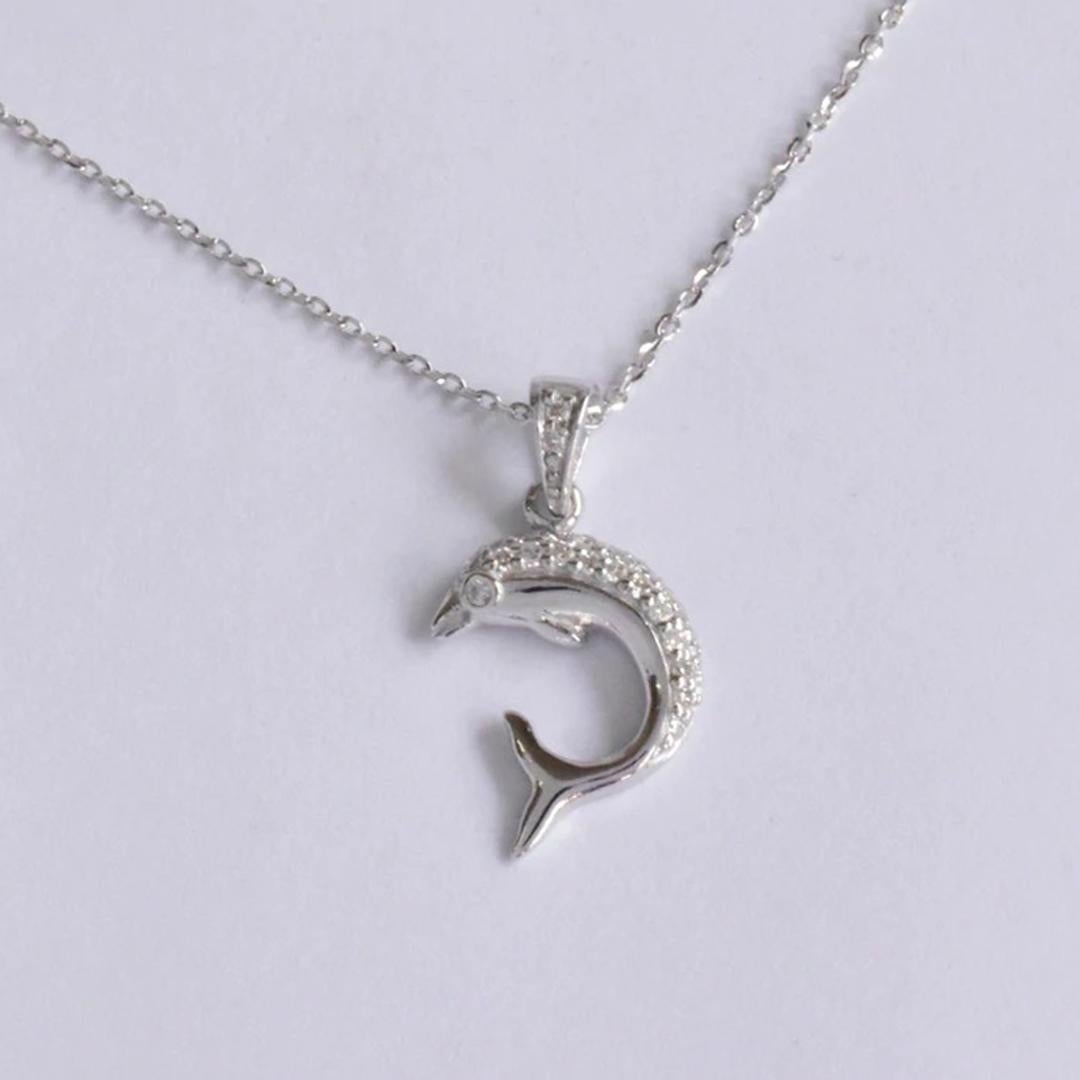 Round Cut 14k Gold Dolphin Necklace Nautical Marine Beach Dolphin Pendant For Sale