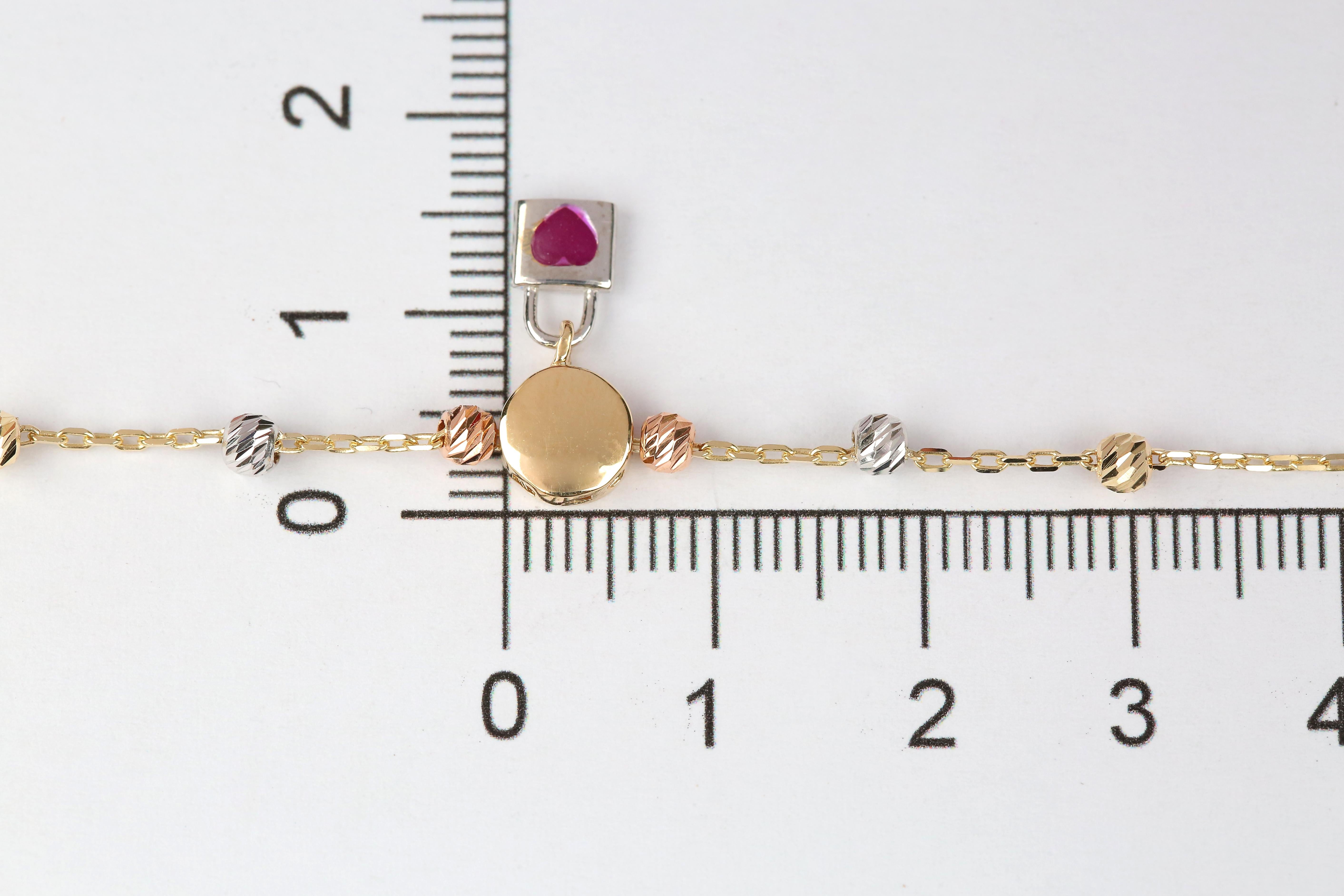 14K Gold Dot and Padlock Charm Dainty Beaded Bracelet For Sale 11