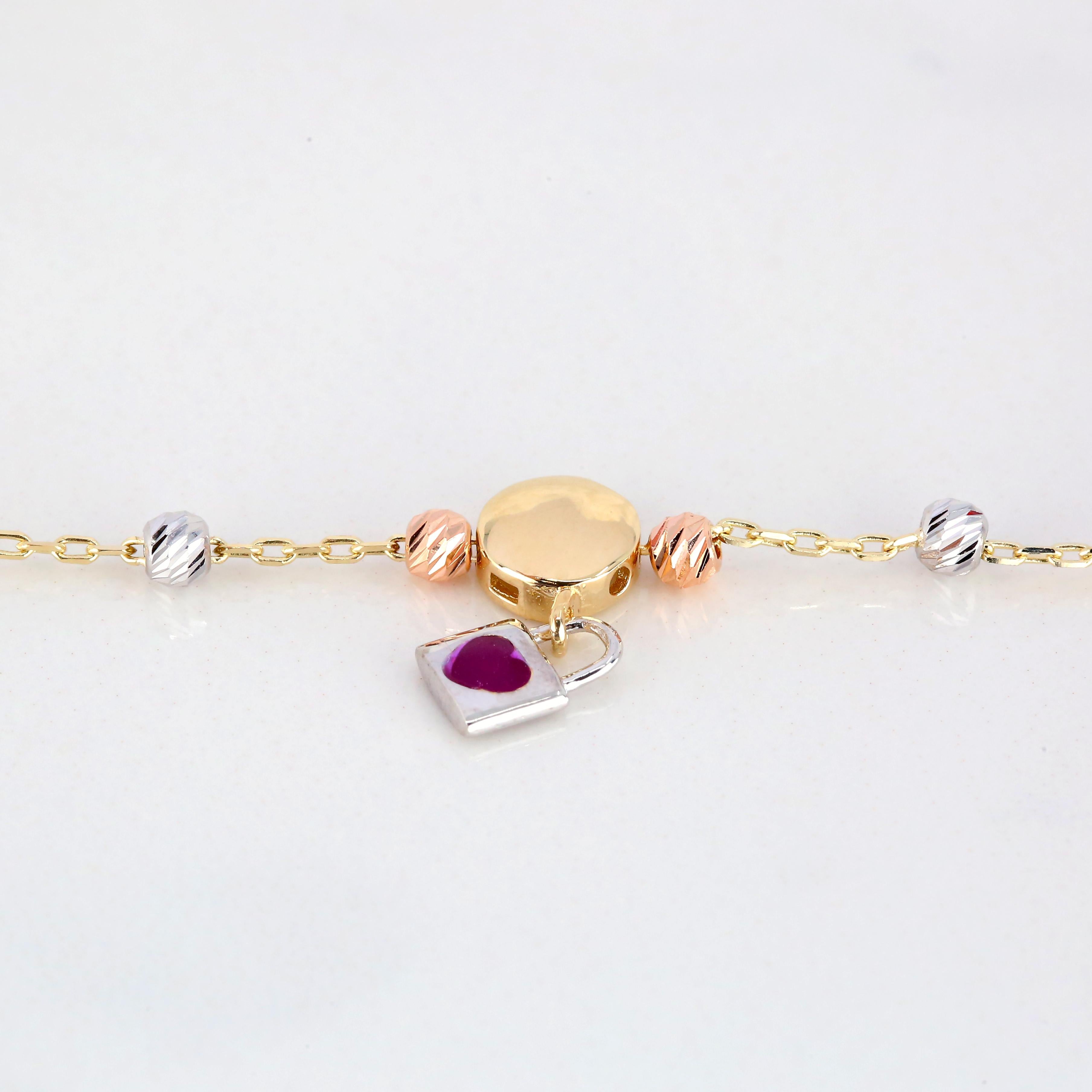Contemporary 14K Gold Dot and Padlock Charm Dainty Beaded Bracelet For Sale