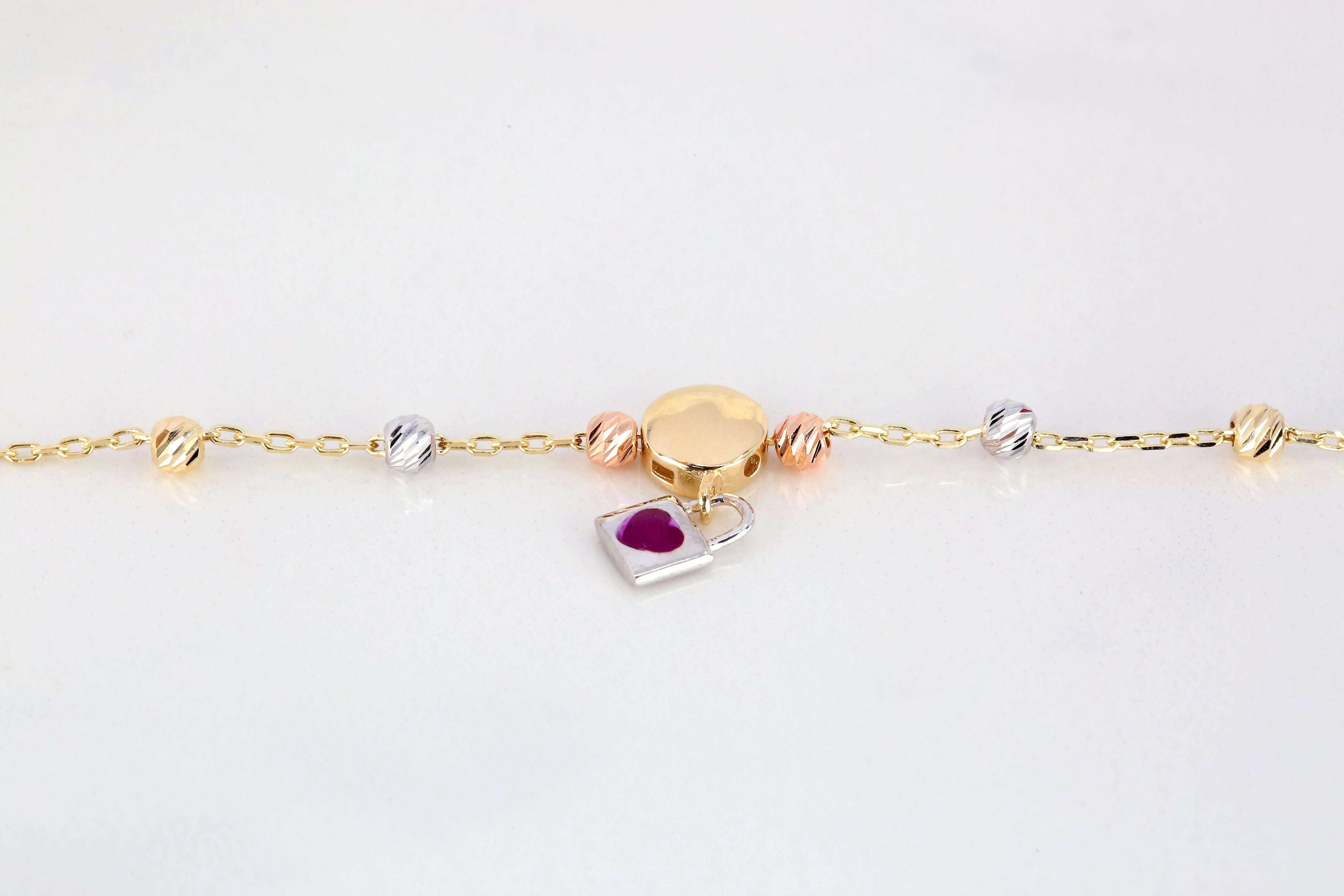 Women's 14K Gold Dot and Padlock Charm Dainty Beaded Bracelet For Sale