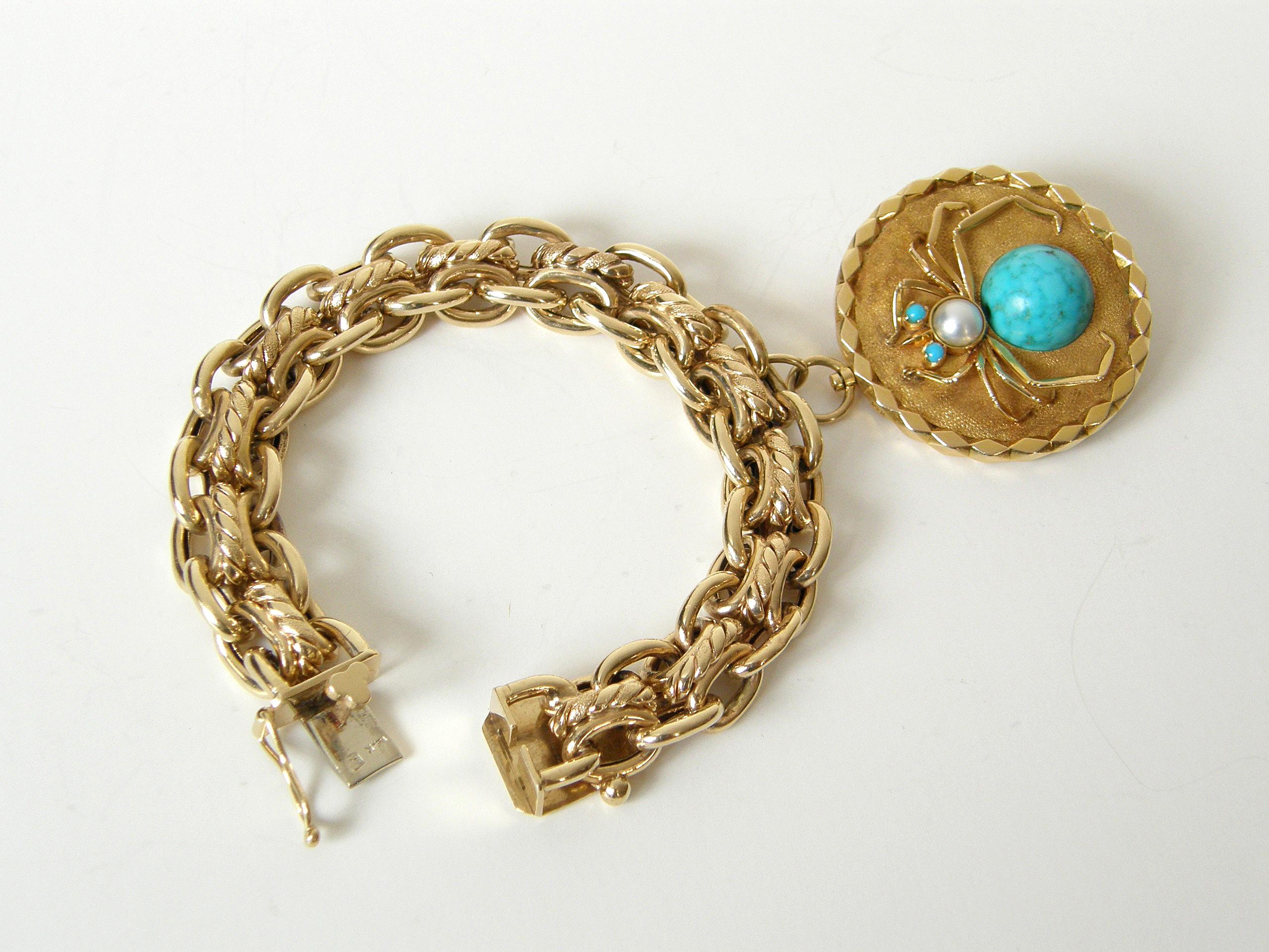 Women's or Men's 14K Gold Double Chain Link Bracelet with Giant Two Sided Spider and Fly Charm