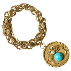 14K Gold Double Chain Link Bracelet with Giant Two Sided Spider and Fly Charm