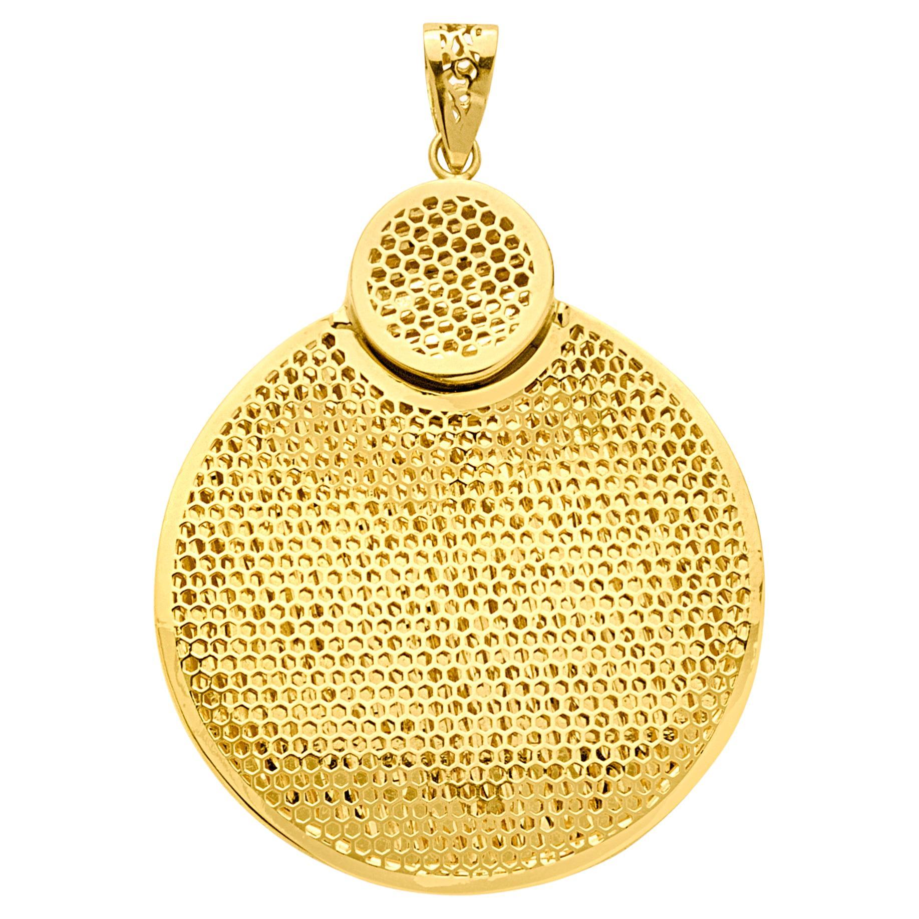 14K Gold Double Circle Honeycomb Anhänger - Handcrafted Statement Fine Jewelry im Angebot