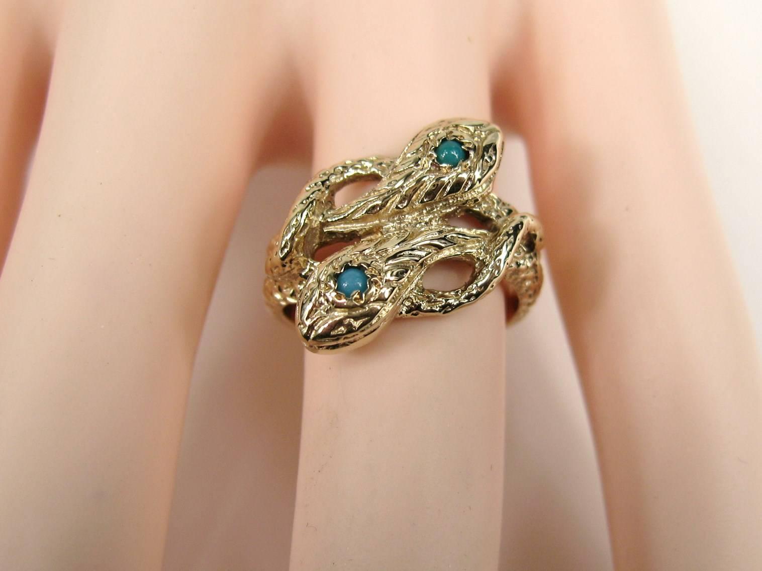 Victorian 14 Karat Gold Double Headed Turquoise Snake Wedding Band Ring For Sale