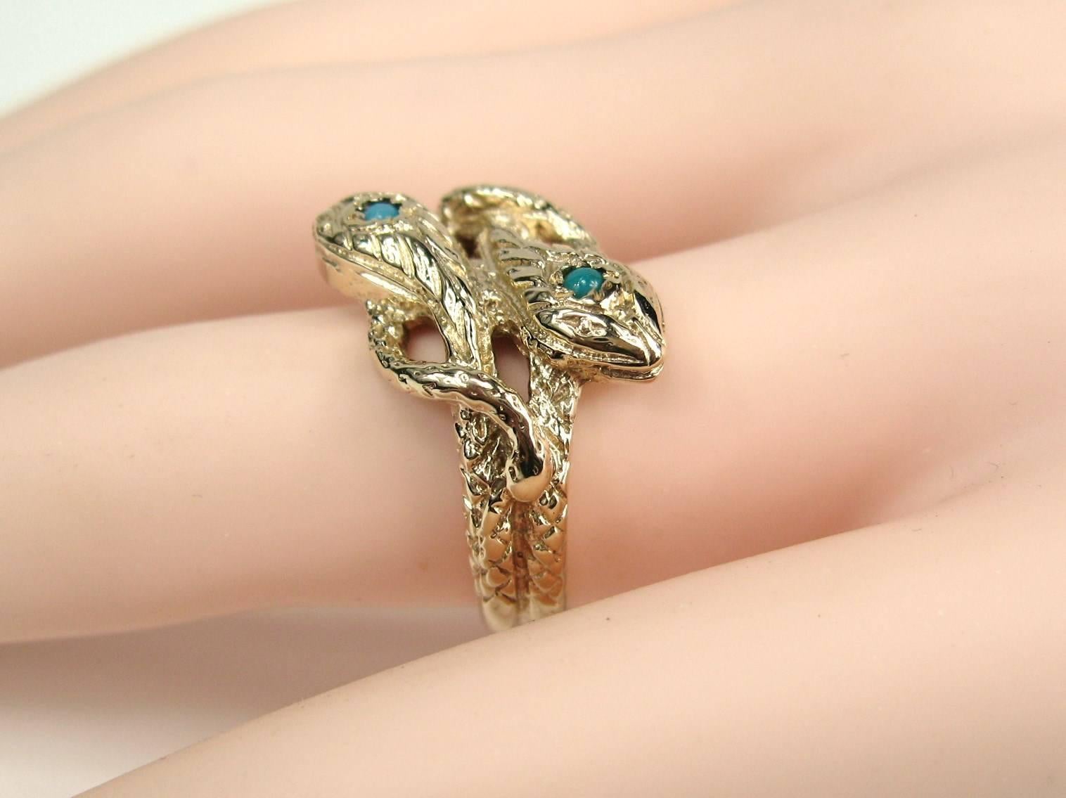 Bead 14 Karat Gold Double Headed Turquoise Snake Wedding Band Ring For Sale