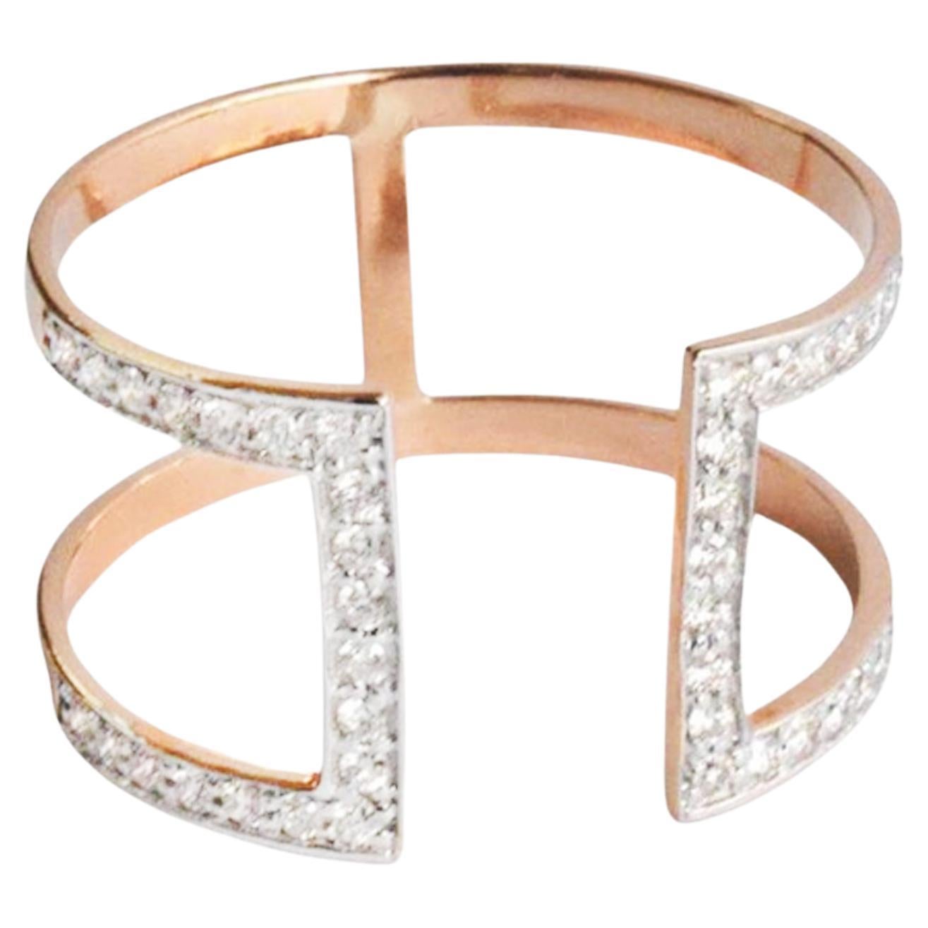 14k Gold Doppelreihiger Diamantring mit zwei Ringen und parallelem offenem Bar-Diamant