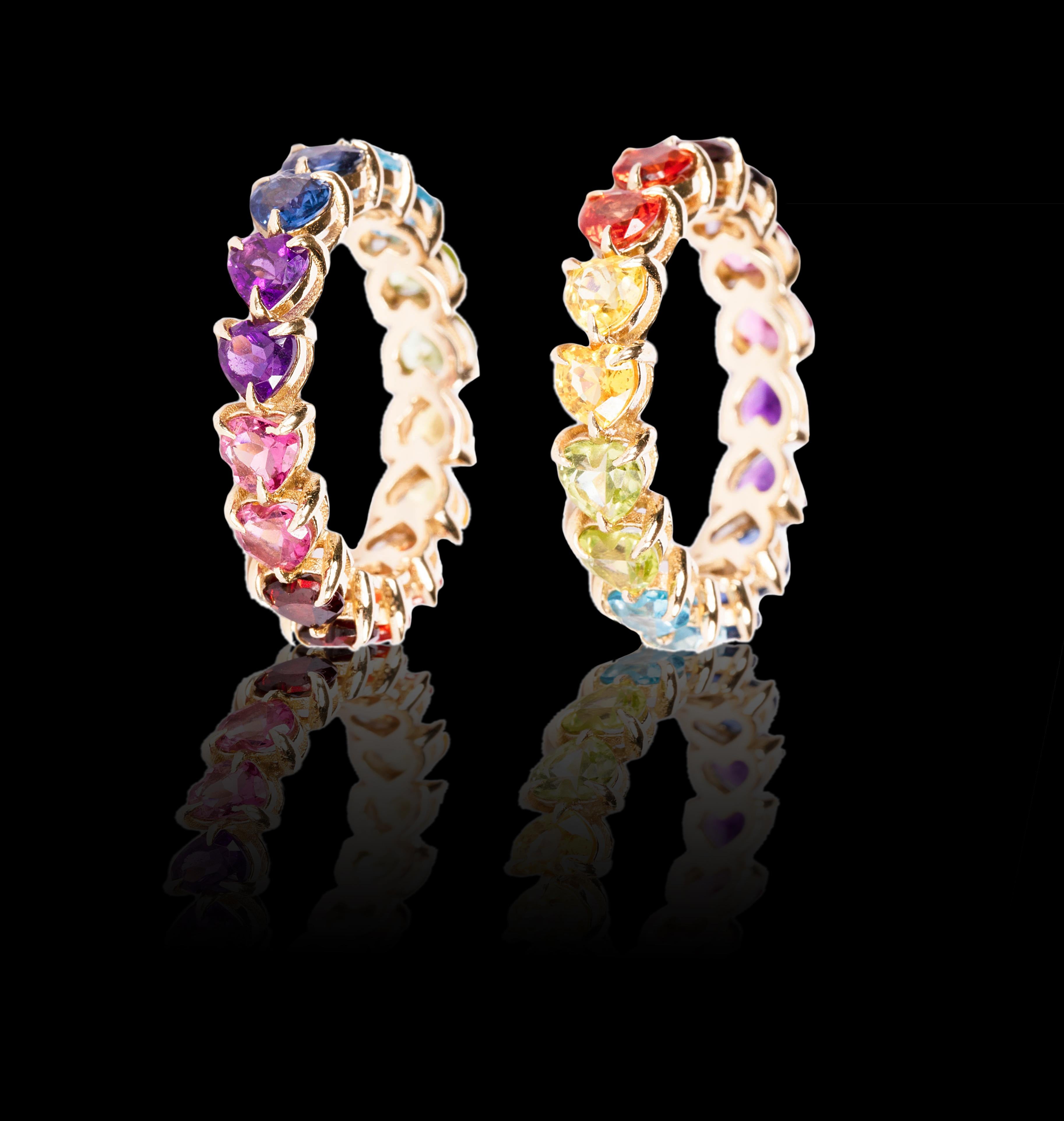 As the first fine jewelry piece from the house of Mordekai, we are celebrating one of our iconic themes, the Rainbow! This unique ring is made of 14k gold, and hand-set with the finest hand-selected, colored gems sourced from all over the world.