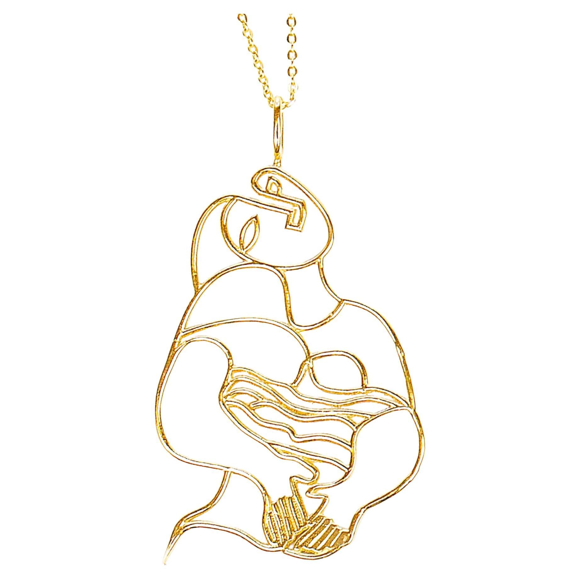 Collier à breloques en or 14 carats représentant une femme rêveuse, inspiré de « La Réveille » de Pablo Picasso