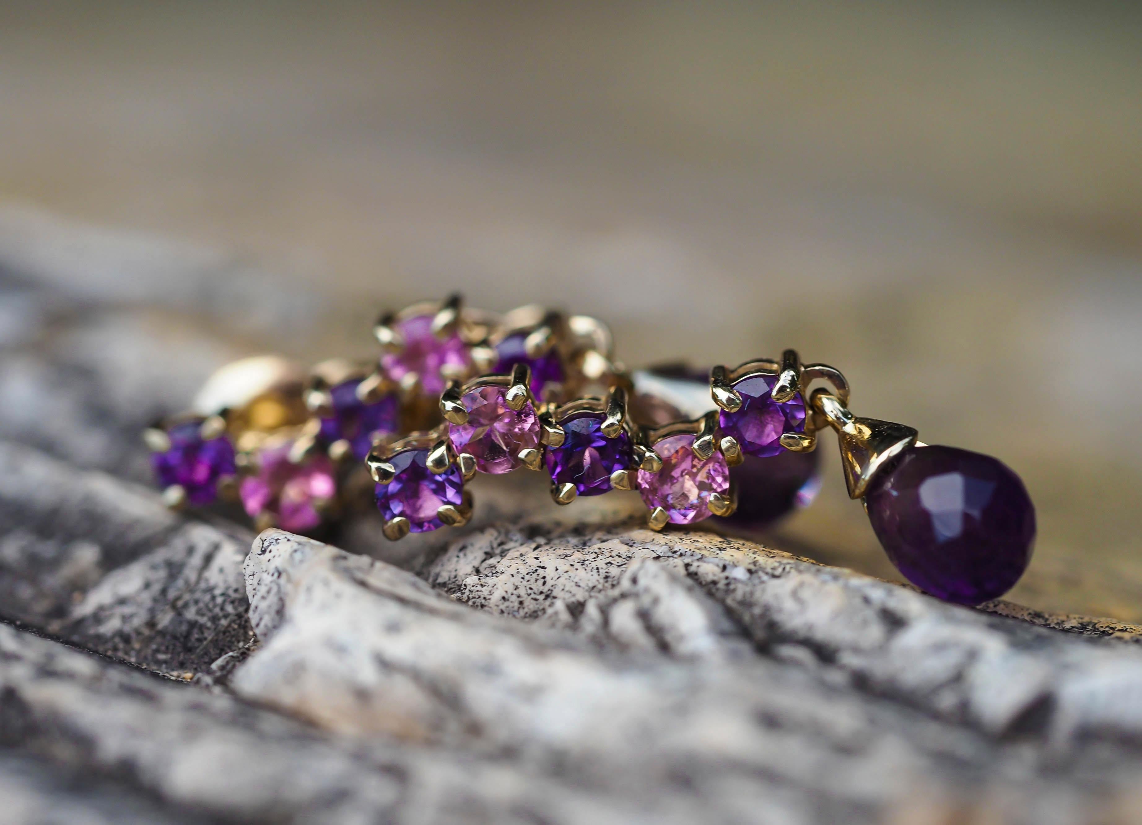14k Gold Drop Earrings Studs with Amethysts and Sapphires! For Sale 1
