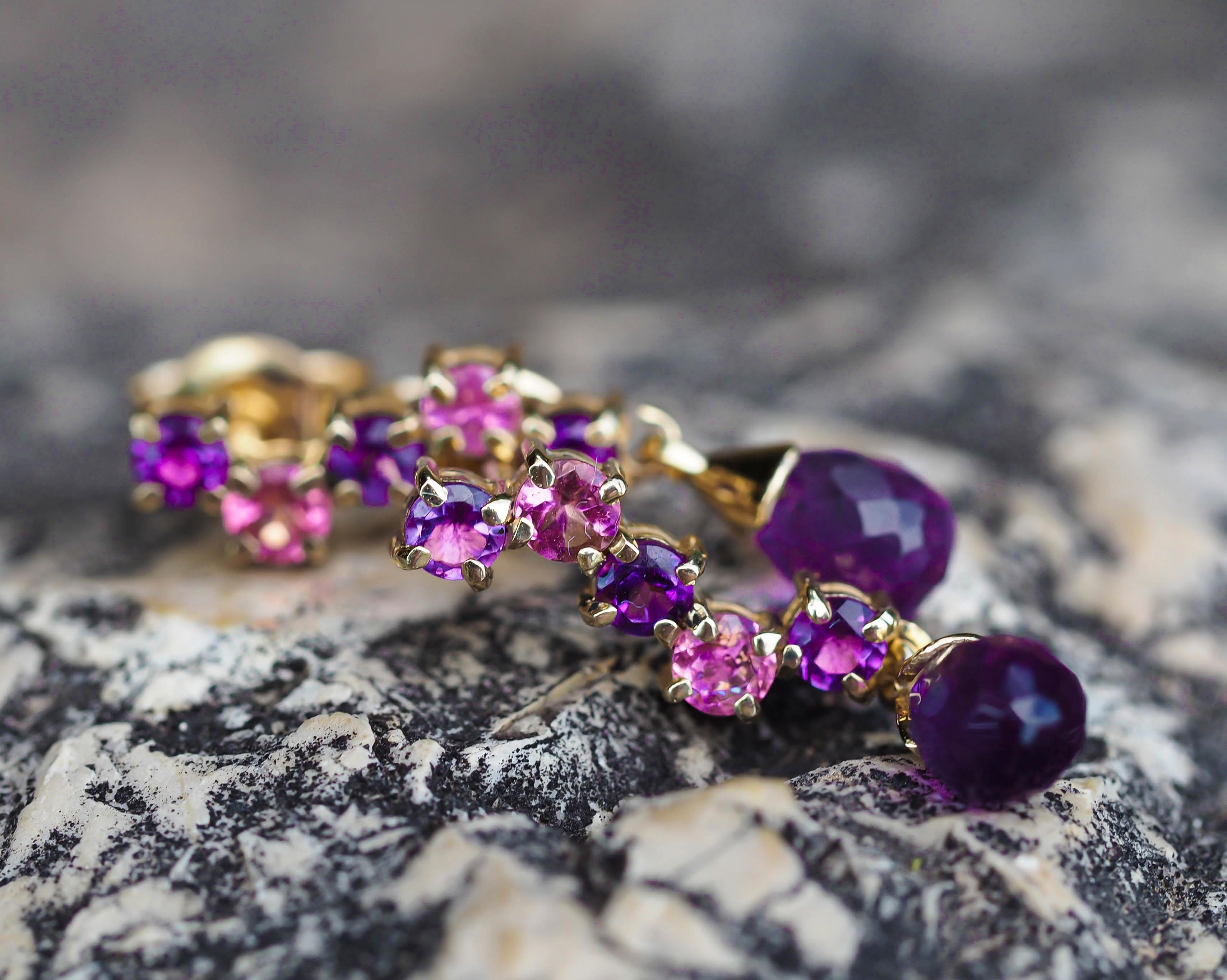 14k Gold Drop Earrings Studs with Amethysts and Sapphires! For Sale 3