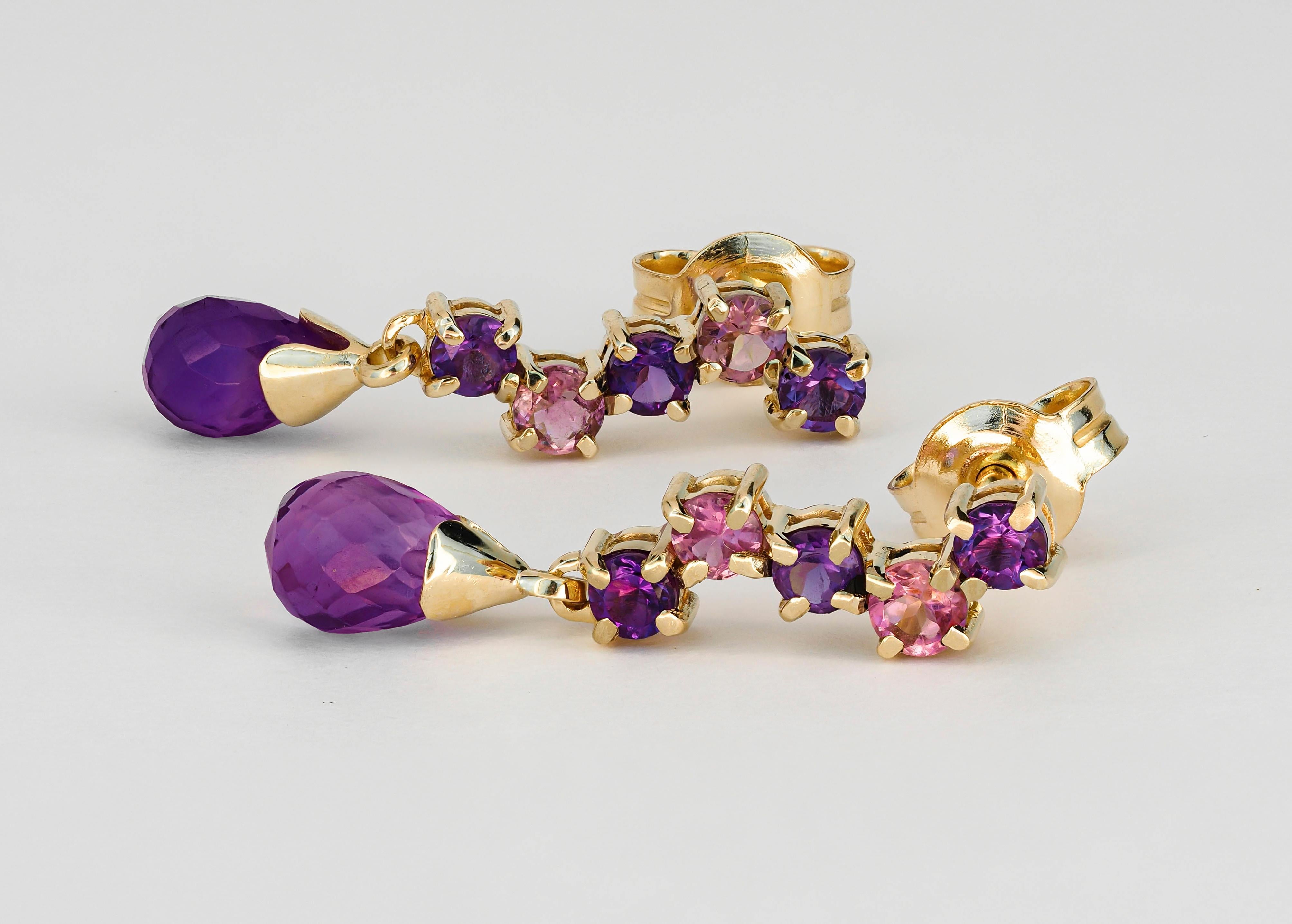 Modern 14k Gold Drop Earrings Studs with Amethysts and Sapphires For Sale
